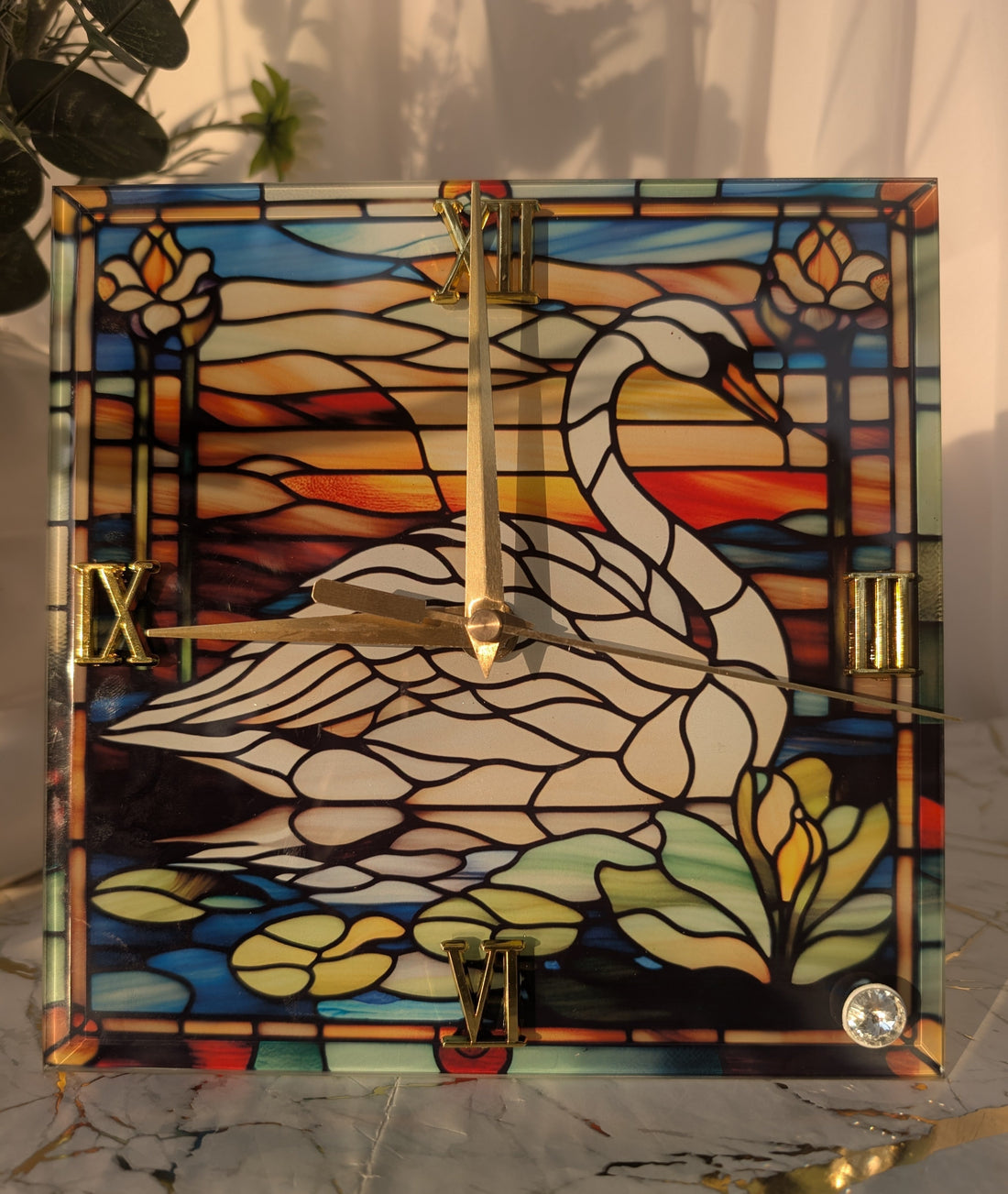 swan stained glass square desk clock with gold handles and roman numerals