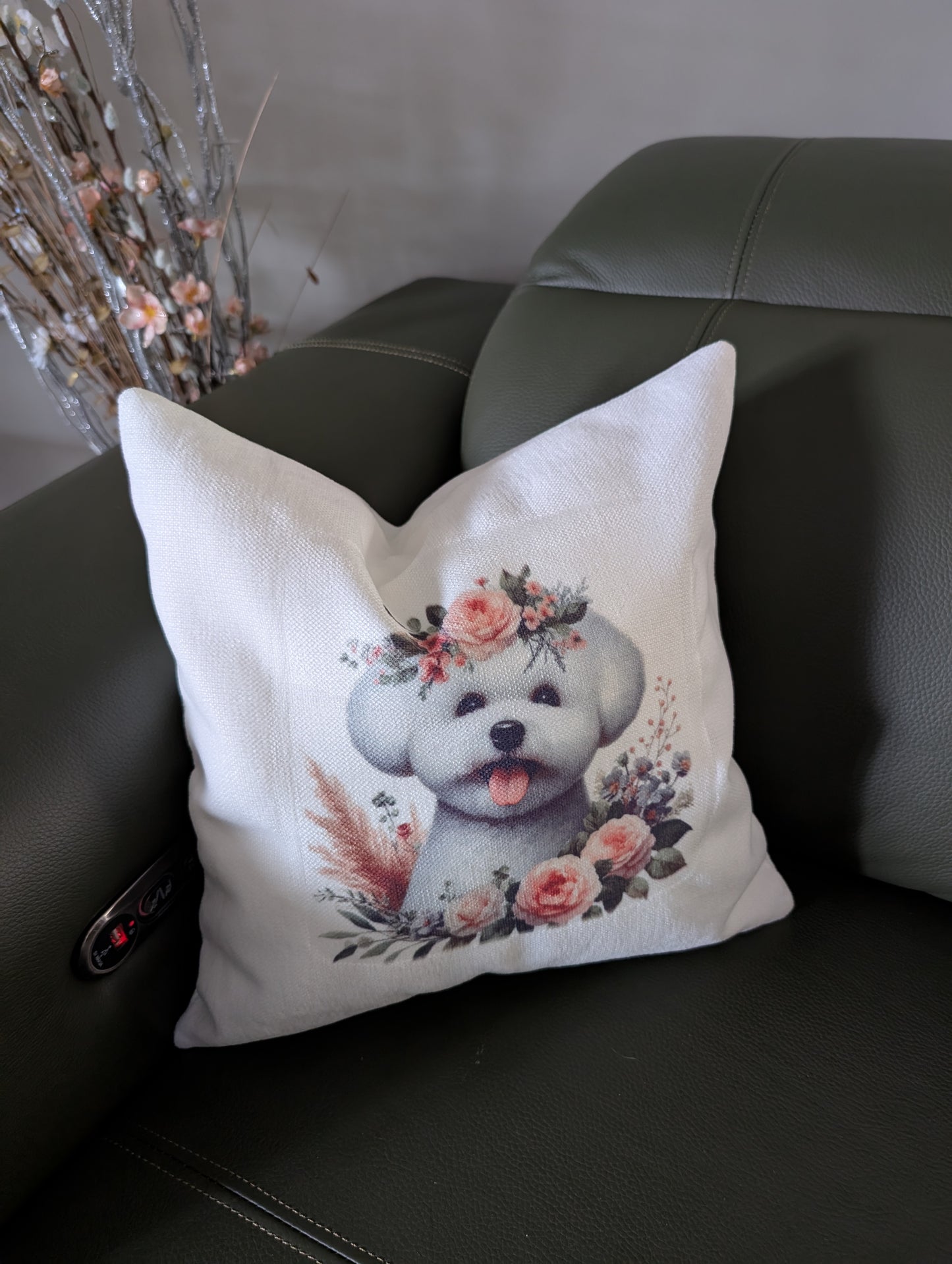 Dog Cushion - Bichon Frise and flowers on a green leather couch