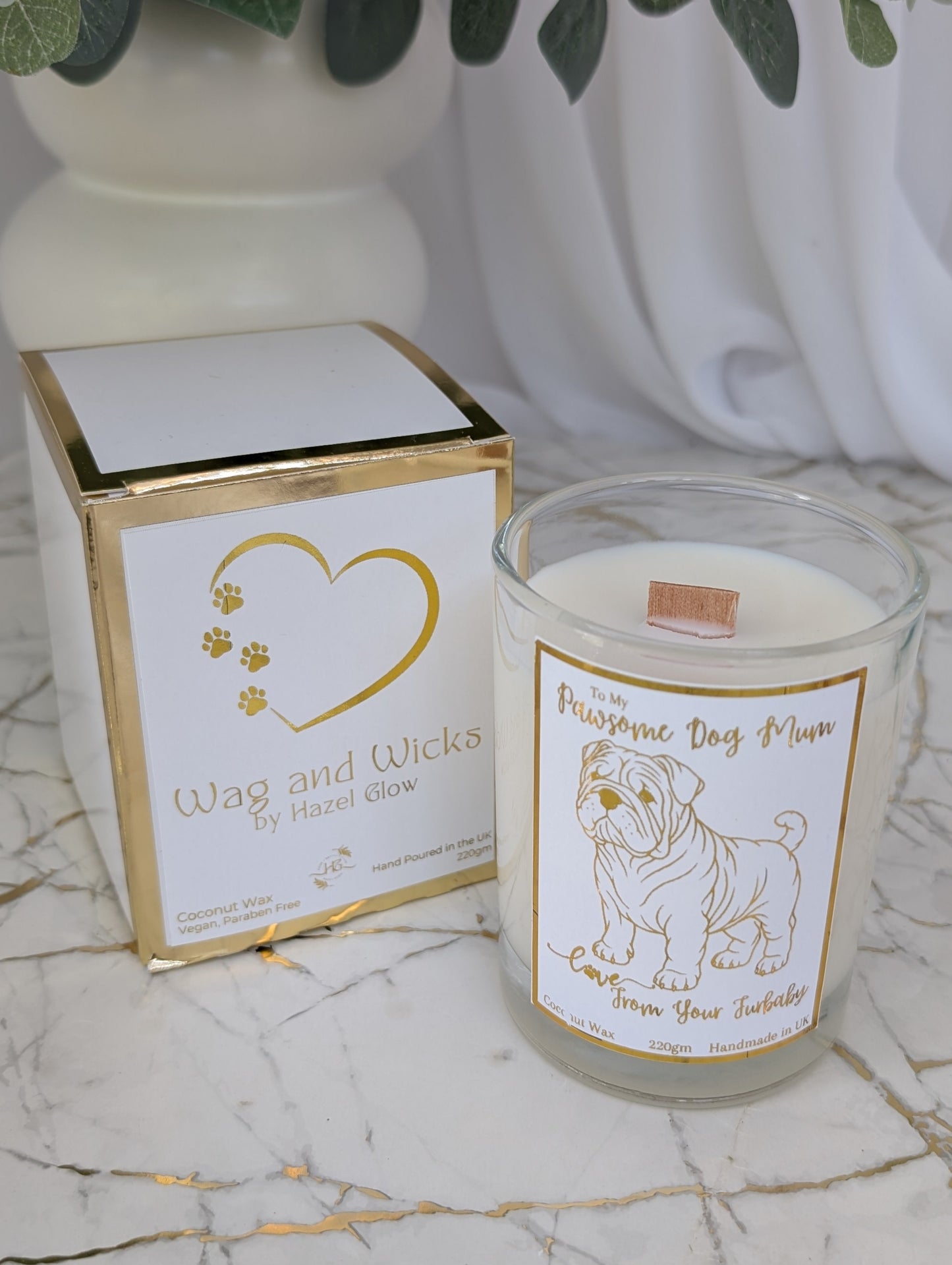 Top view of wooden wick Bull Dog Mum candle - Gold foiled label with Wag and Wicks gift box