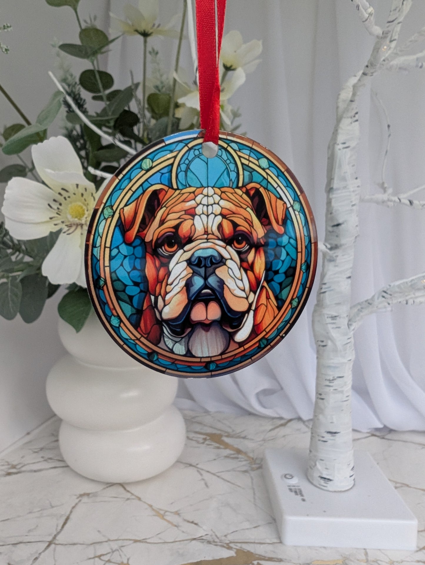 Bulldog hanging ornament in stained glass style, featuring a British Bulldog on a blue background