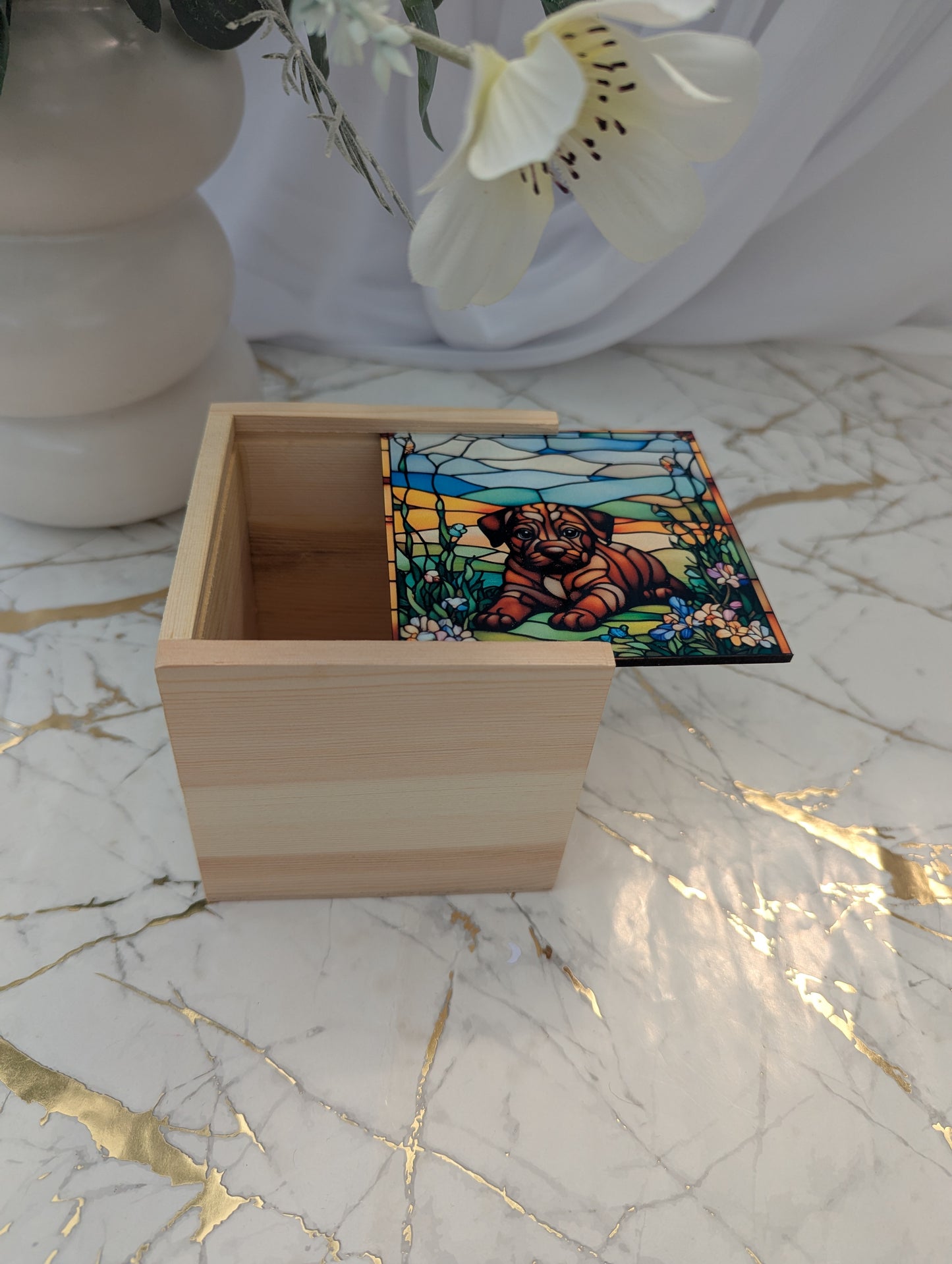 Cute Cane Corso Puppy wooden trinket box with stained glass effect sliding mdf lid - shown open - measures 10 x 10 x 10