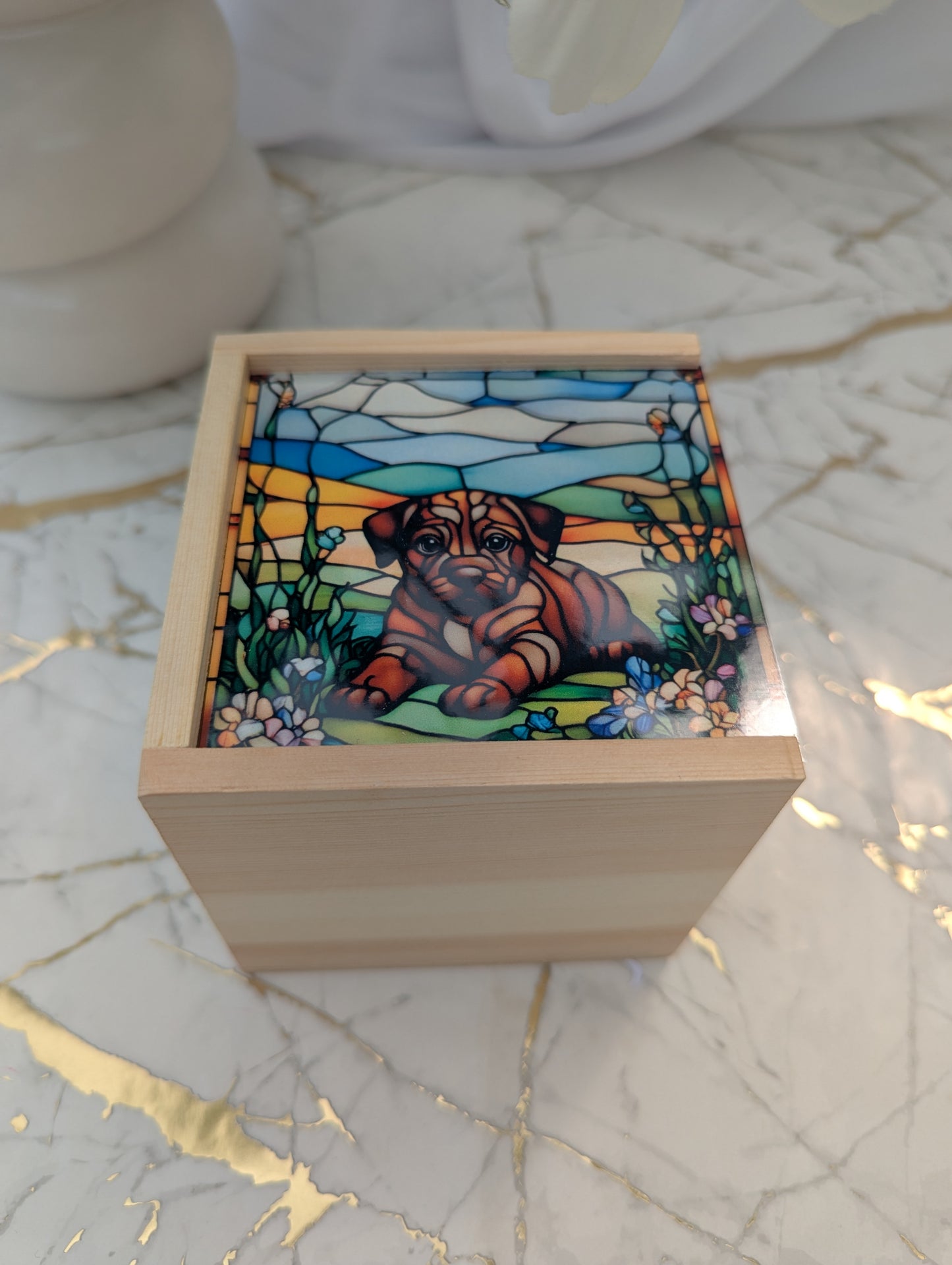 Top view of cute Cane Corso Puppy wooden trinket box with stained glass effect sliding mdf lid 10 x 10 x 10