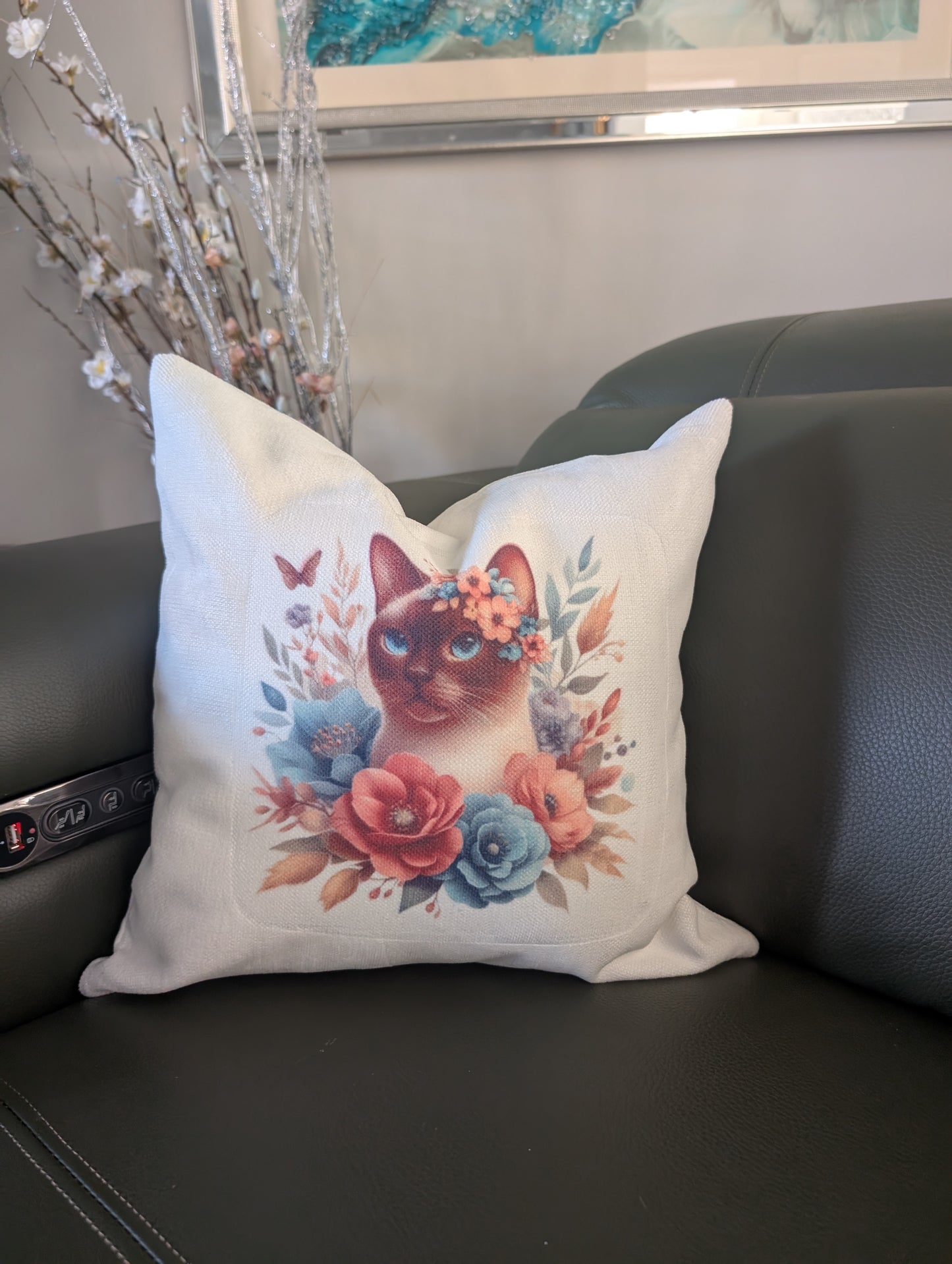 Cat Cushion, Cat Gift Floral Design on green leather couch
