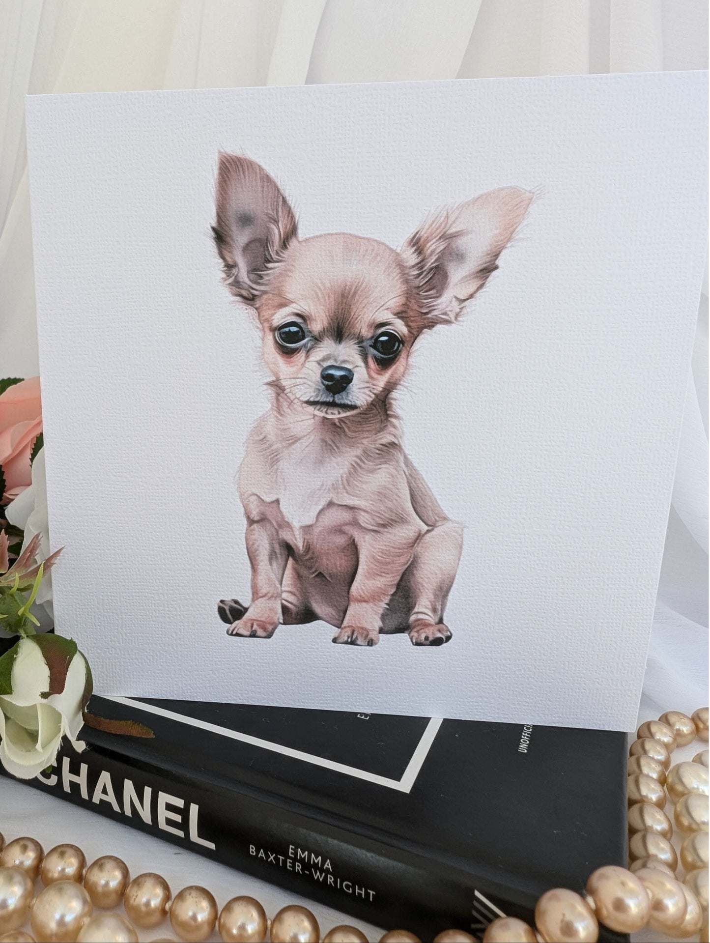 Close up of Chihuahua Dog card - watercolour style print on 300gsm linen effect card