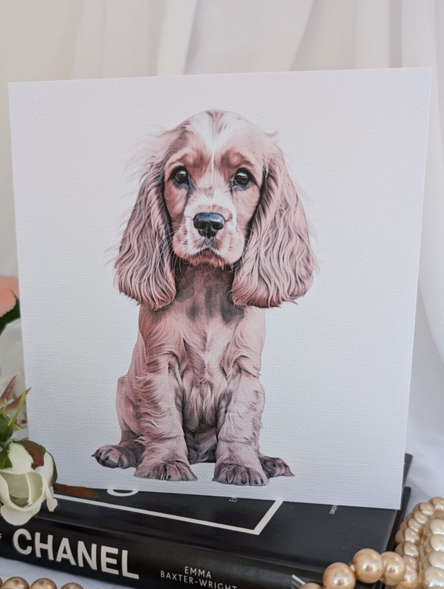 Dog birthday card, with watercolour style image of cocker spaniel on 300gsm linen card