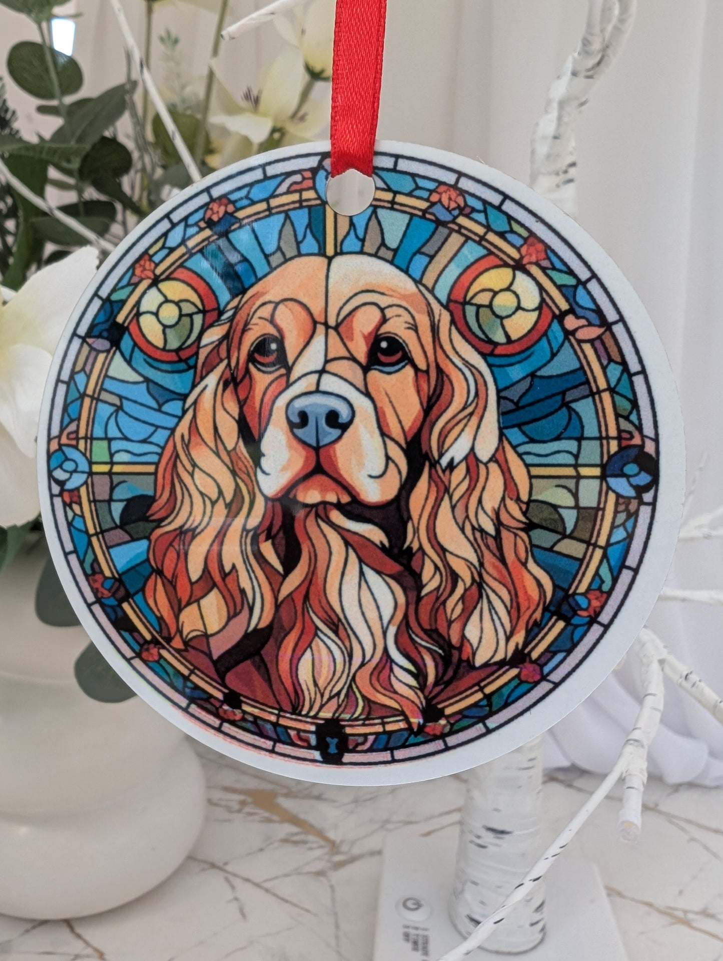 9cm diameter Golden Cocker Spaniel stained glass hanging ornament