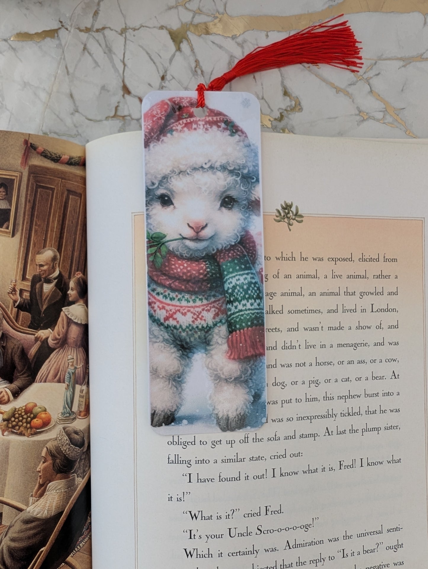 Bookmark with a cute Christmas lamb design on an open book