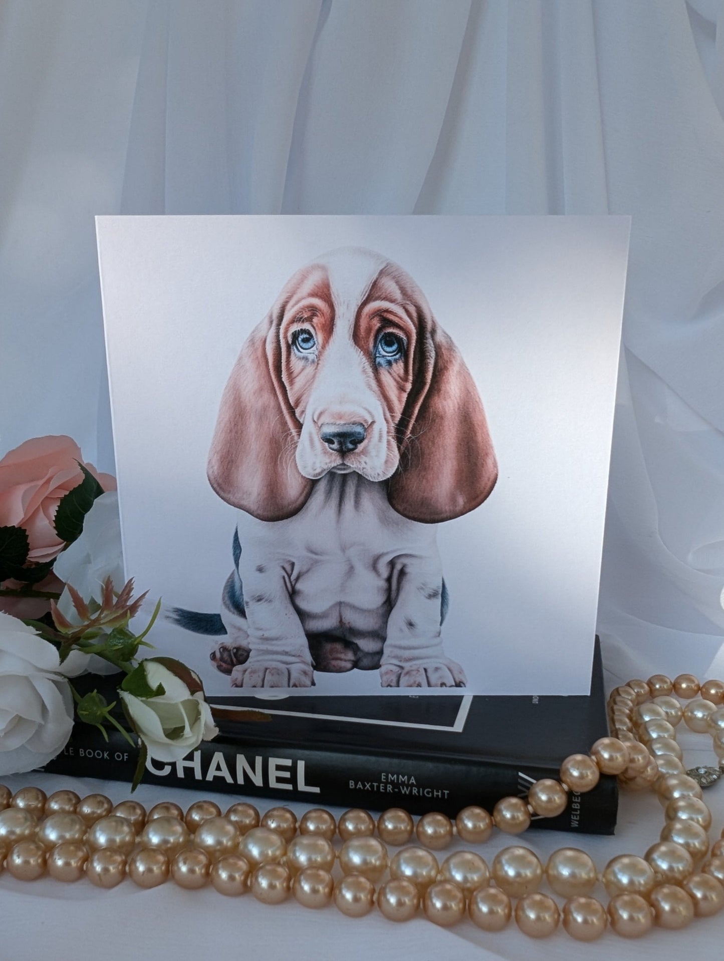 Basset hound dog card - watercolour style image printed on 300gsm white linen effect card