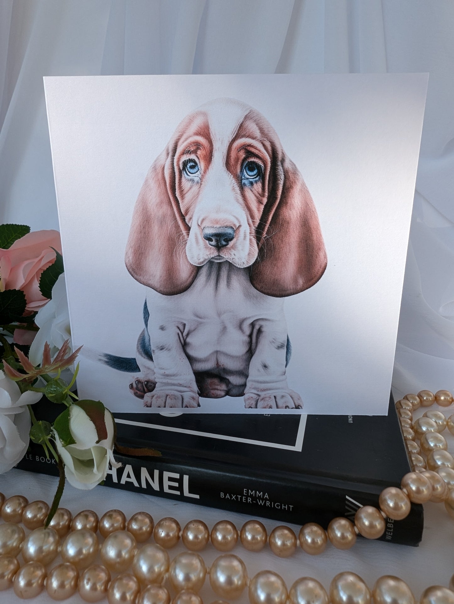 Close up of Basset hound dog card - watercolour style image printed on 300gsm white linen effect card