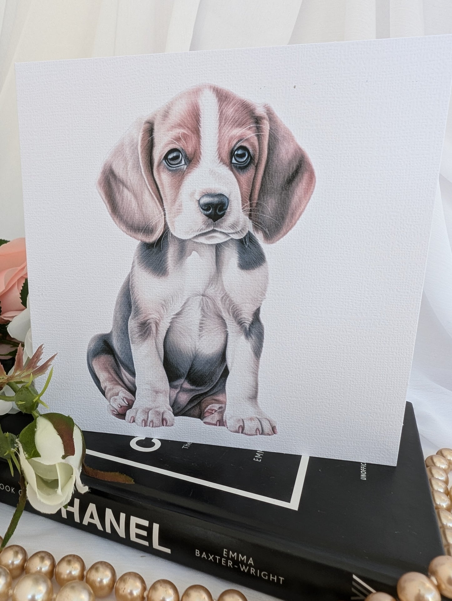 Close up of cute watercolour style Beagle puppy greeting card, printed on 6x6inch square white linen 300gsm card