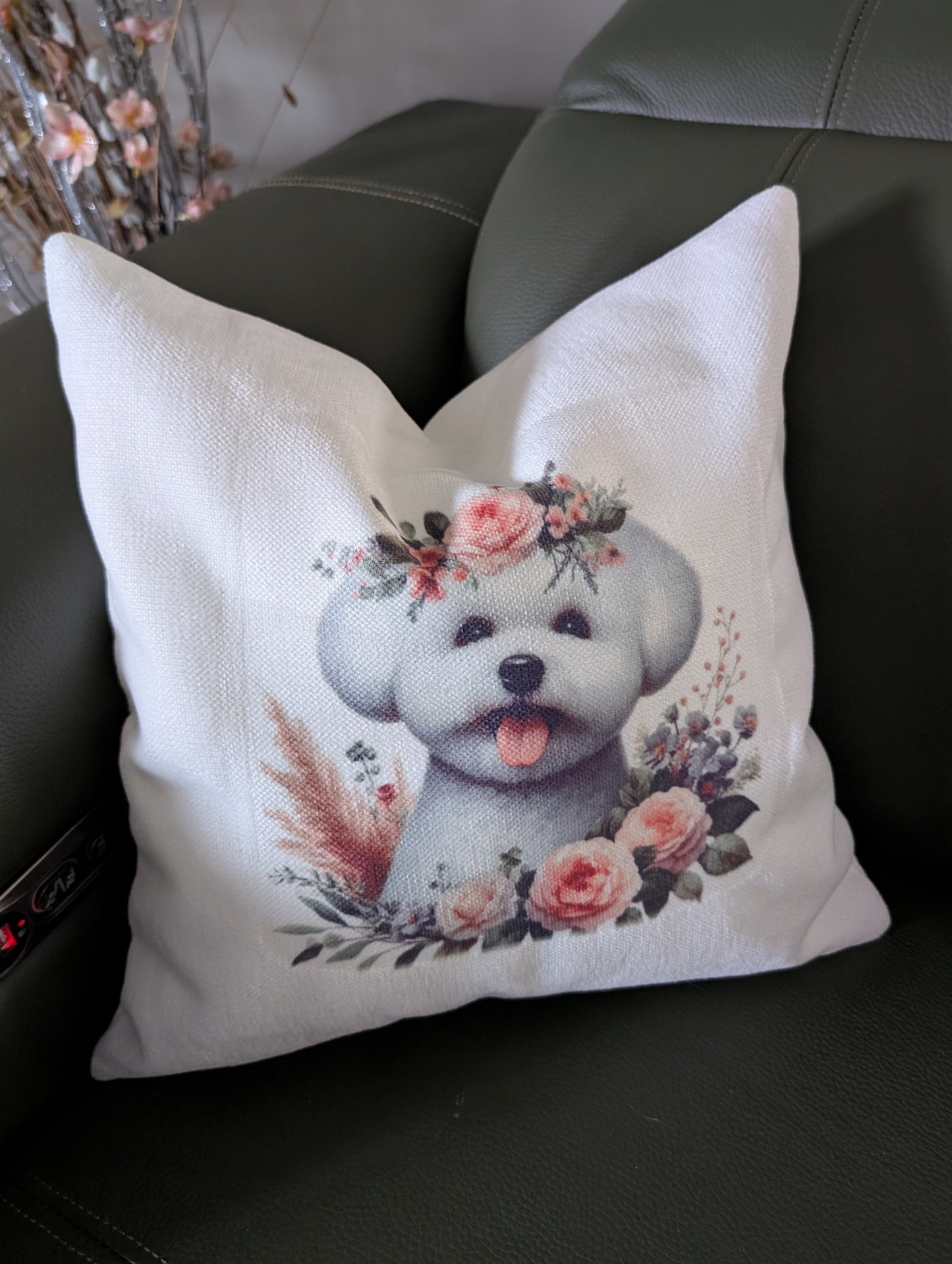 Close up of Dog Cushion - Bichon Frise on cream linen effect