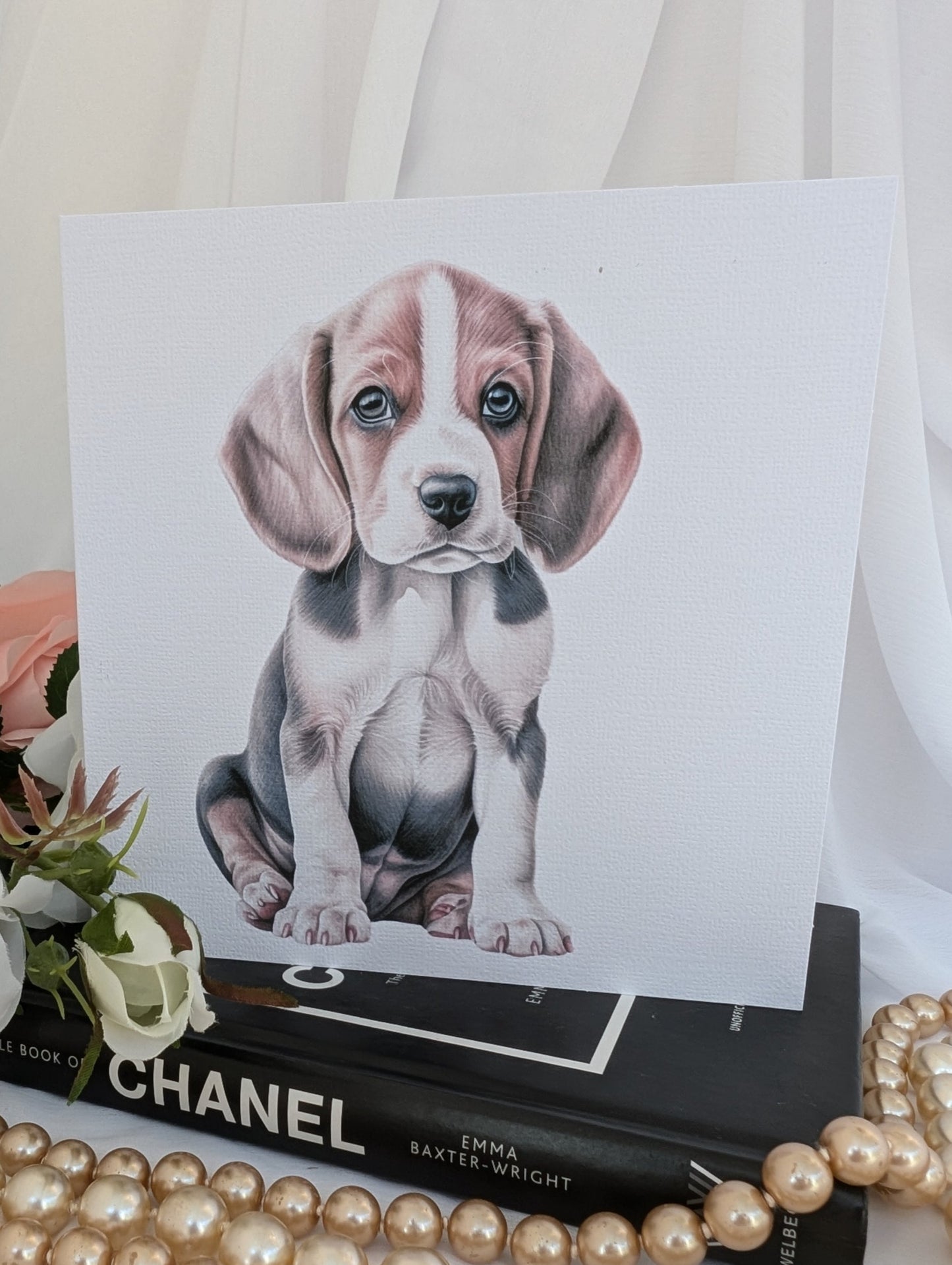 Cute watercolour style Beagle puppy greeting card, printed on 6x6inch square white linen 300gsm card