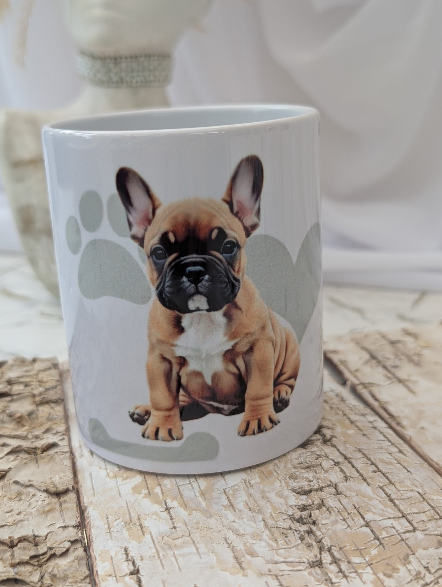 Ceramic Dog mug with fabulous watercolour image of tan and white French Bulldog puppy against a background of soft grey colour hearts, bones and pawprints.