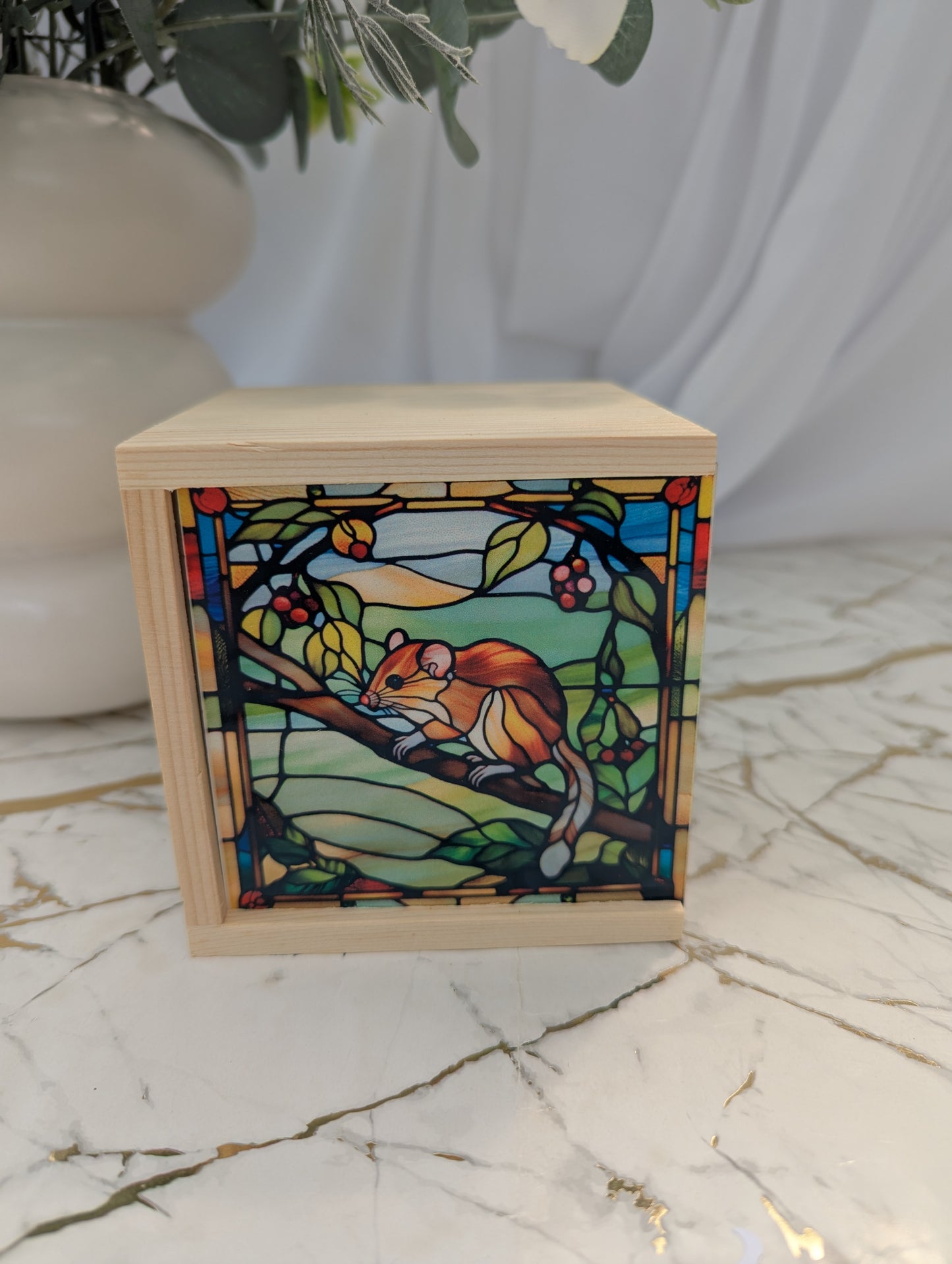 Wooden Dormouse Trinket box with stained glass style mdf sliding lid - 10 x 10 x 10