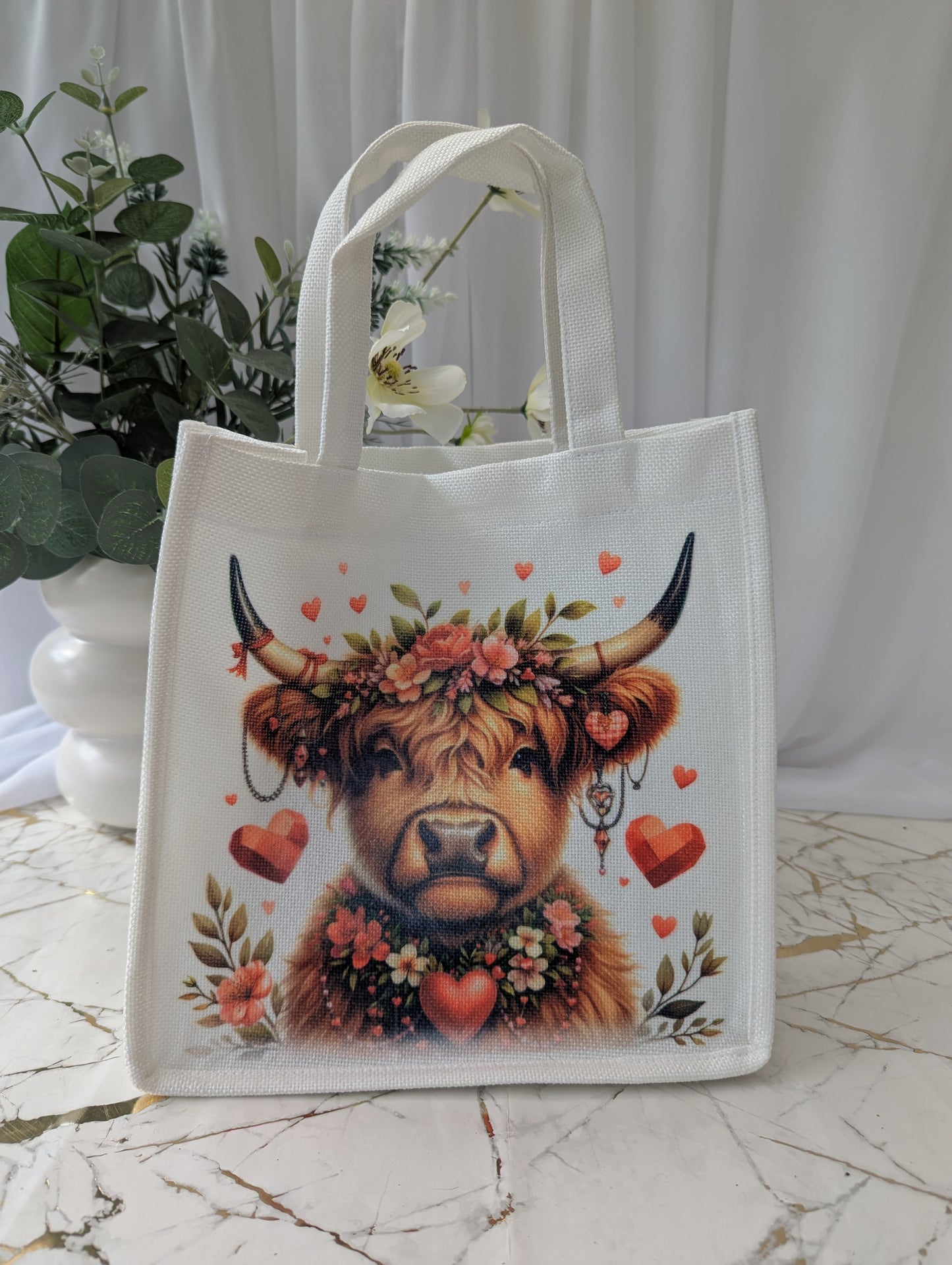 Highland cow gifts - tote bag with highland cow adorned with flowers and hearts