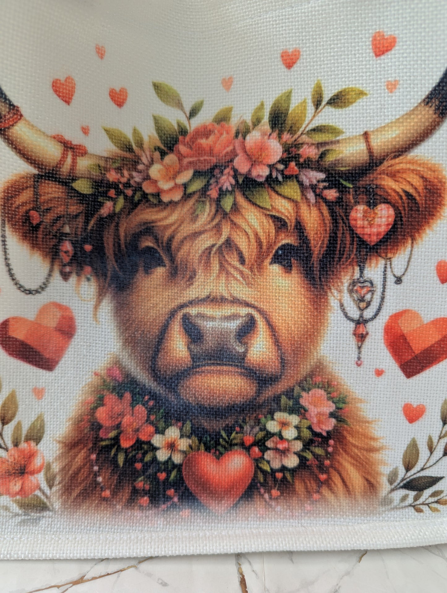 Close up of highland cow image on the Paws and Glow Highland Cow tote bag