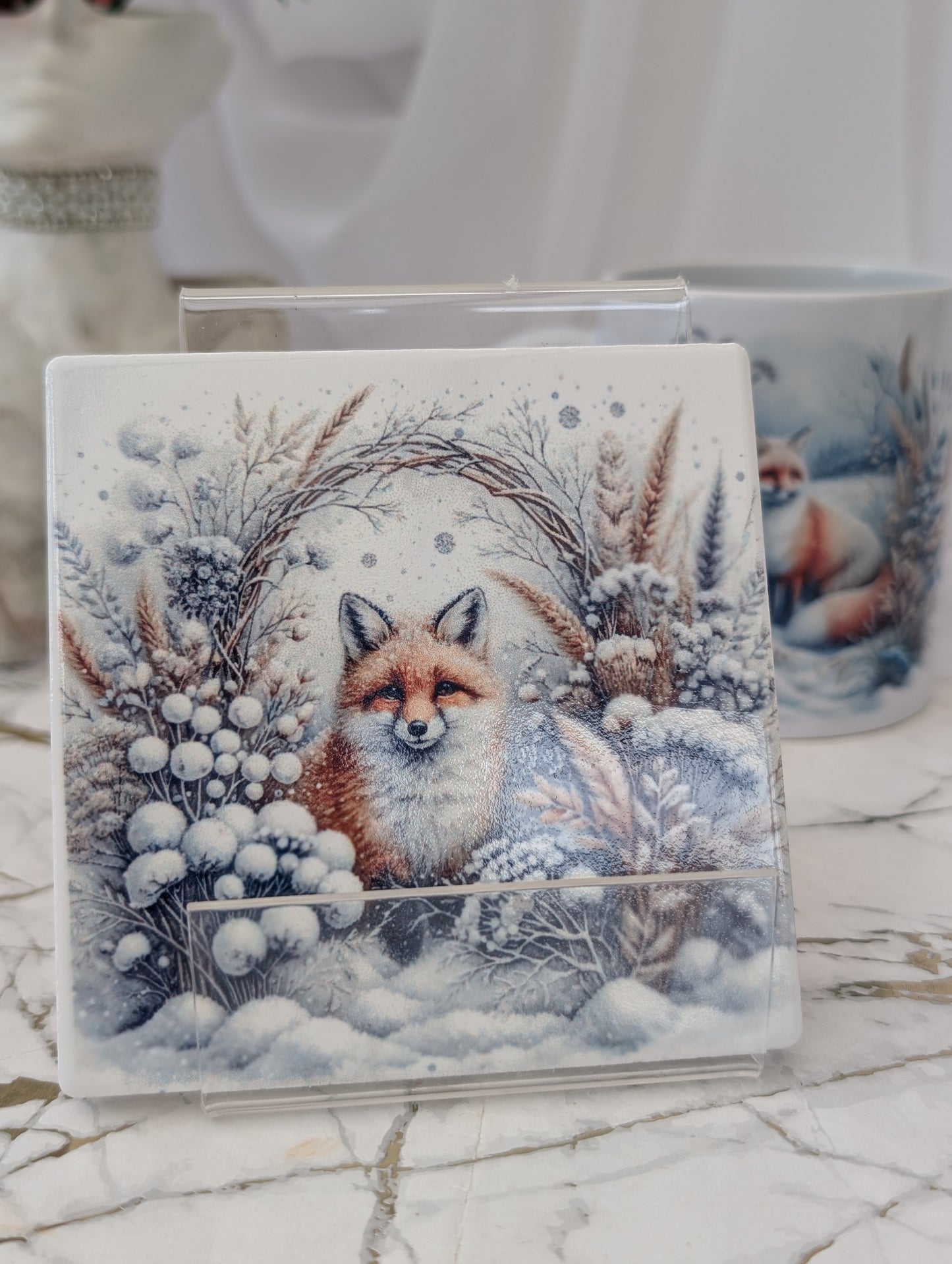 Fox Coaster - ceramic with fox peeping through a snowy landscape design