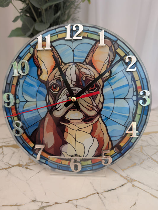 20cm round French Bulldog Wall clock in blue themed stained glass effect design, silver numerals and black clock hands