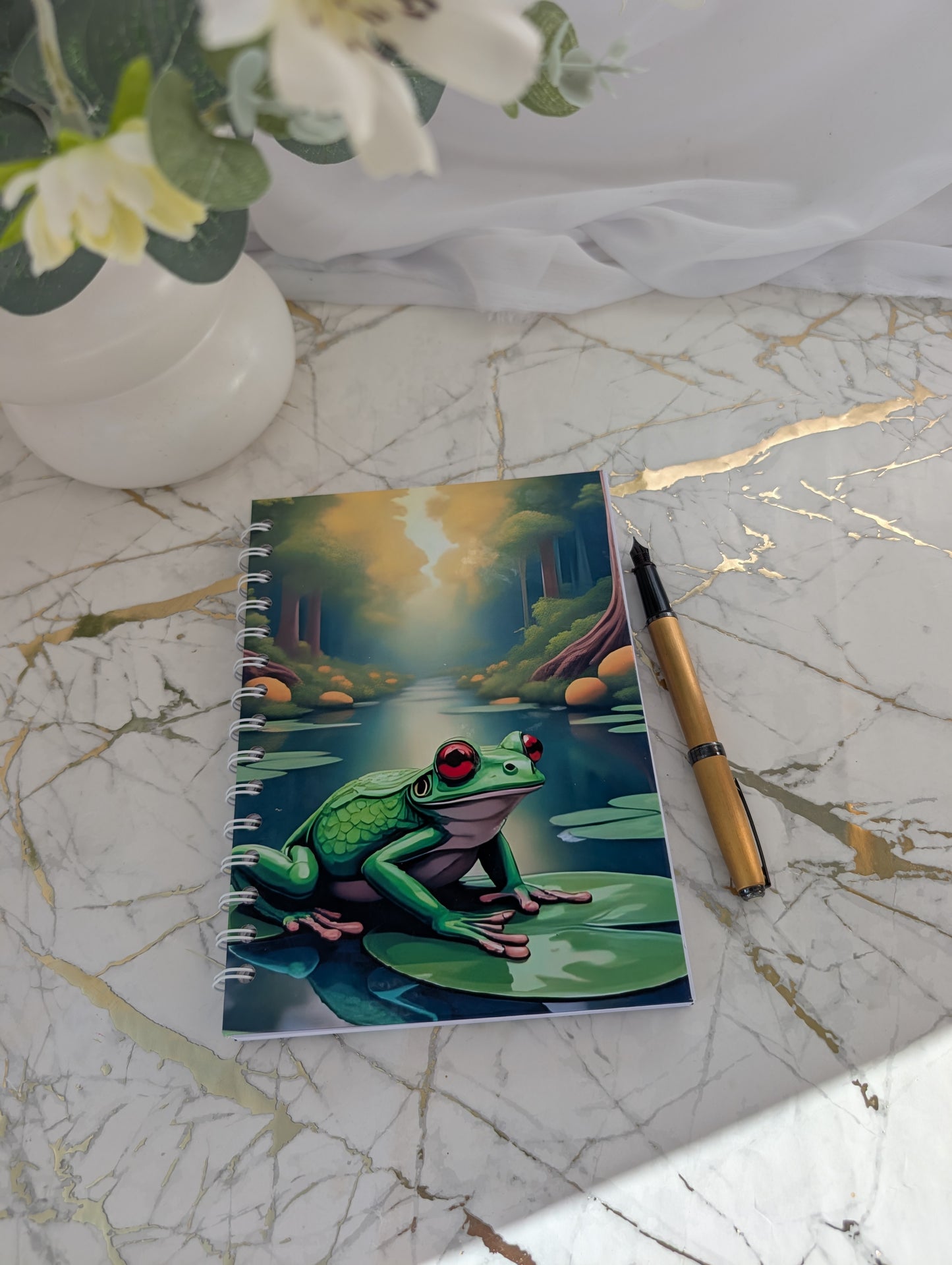 Frog gift - Handmade, glossy hardback cover notebook, featuring a colourful frog on a lilypad design