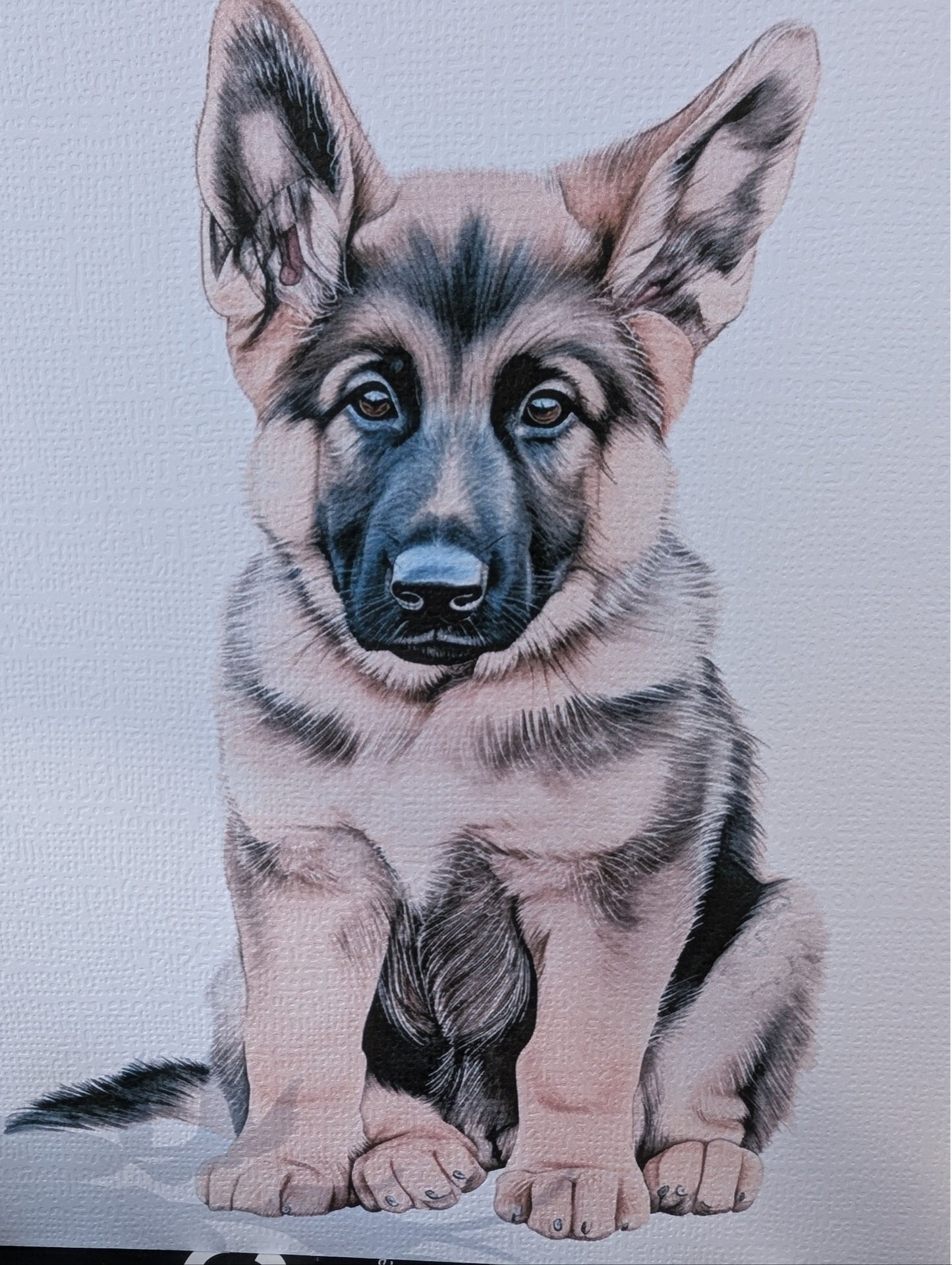 Close up of German Shepherd puppy watercolour effect greeting card, printed on white 300gsm linen effect card