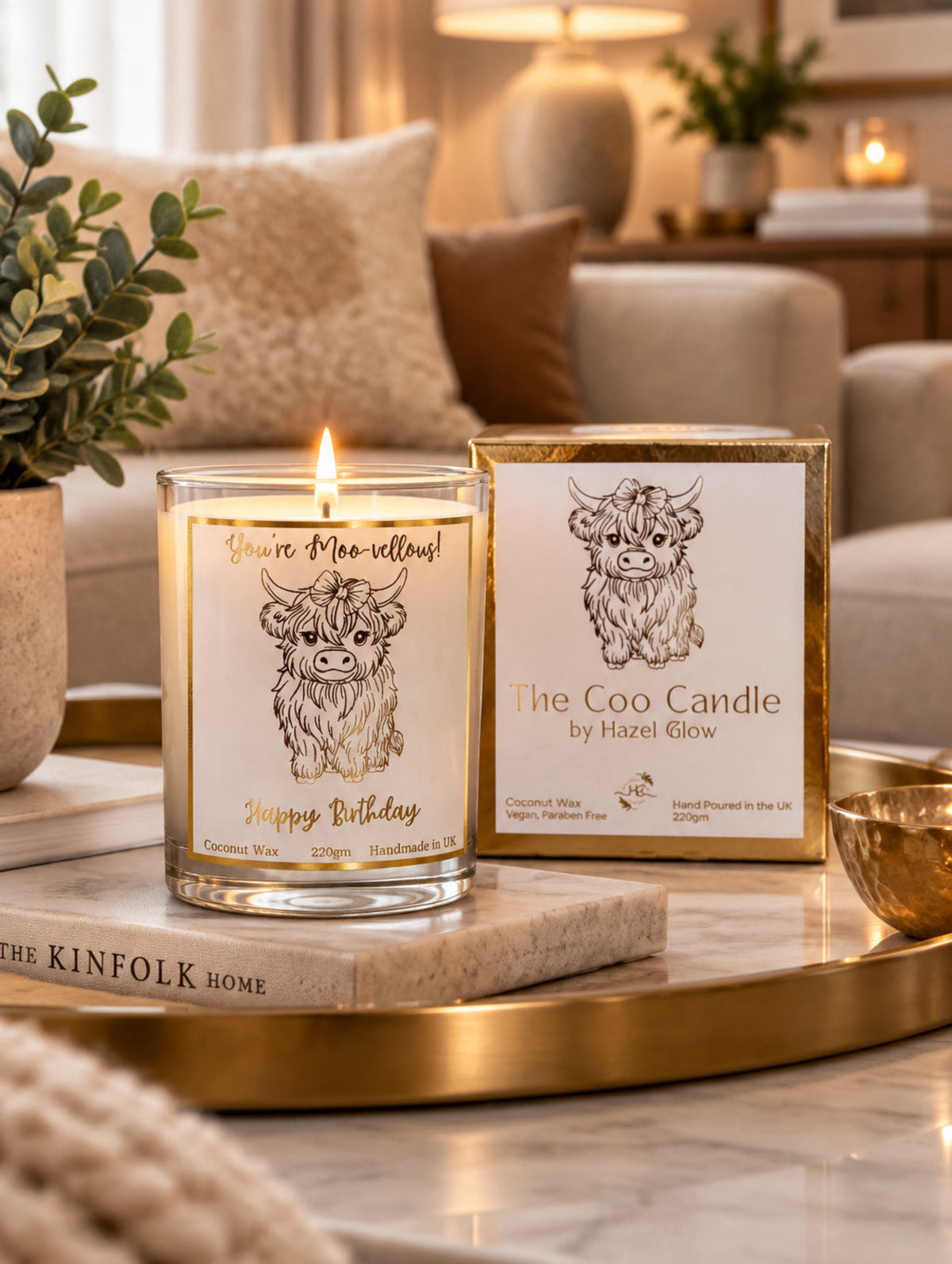 Highland cow birthday candle "You're Moovellous" with gold foiled illustration of a cute highland cow by Paws and Glow