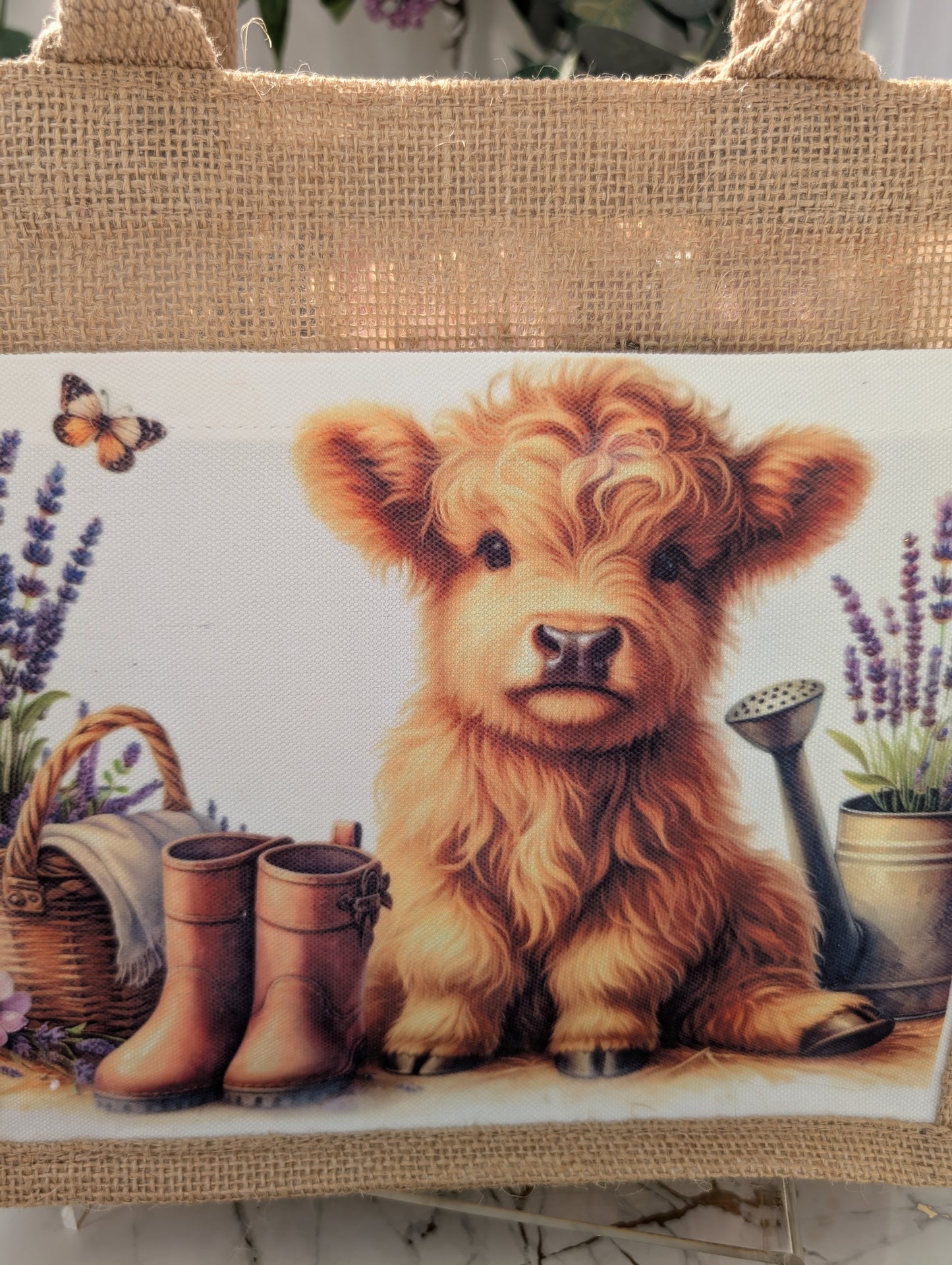 Highland Cow Gifts - tote bag with highalnd cow , boots and lavender on a jute tote bag