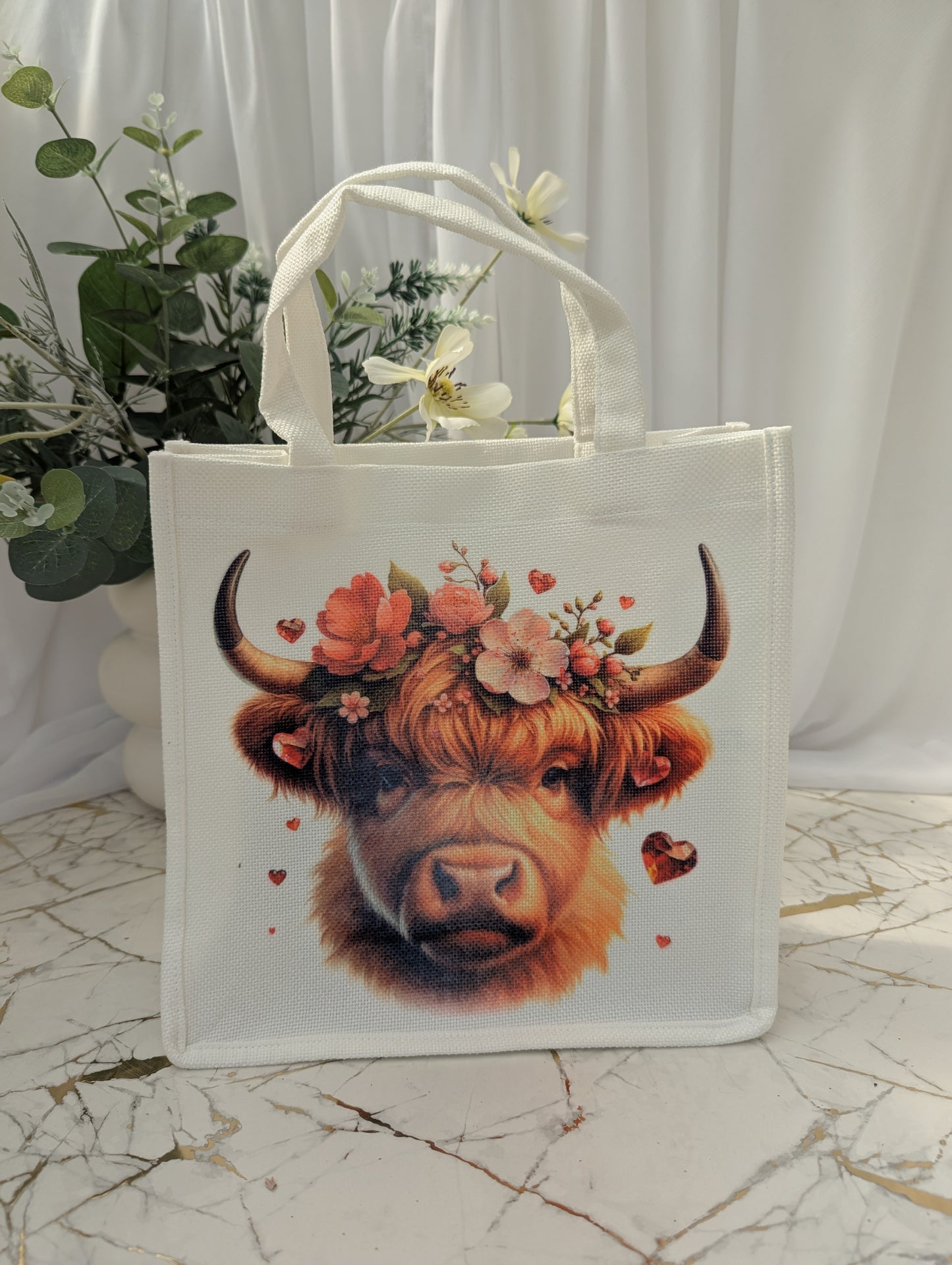 Highland Cow white linen blend tote bag with flowers