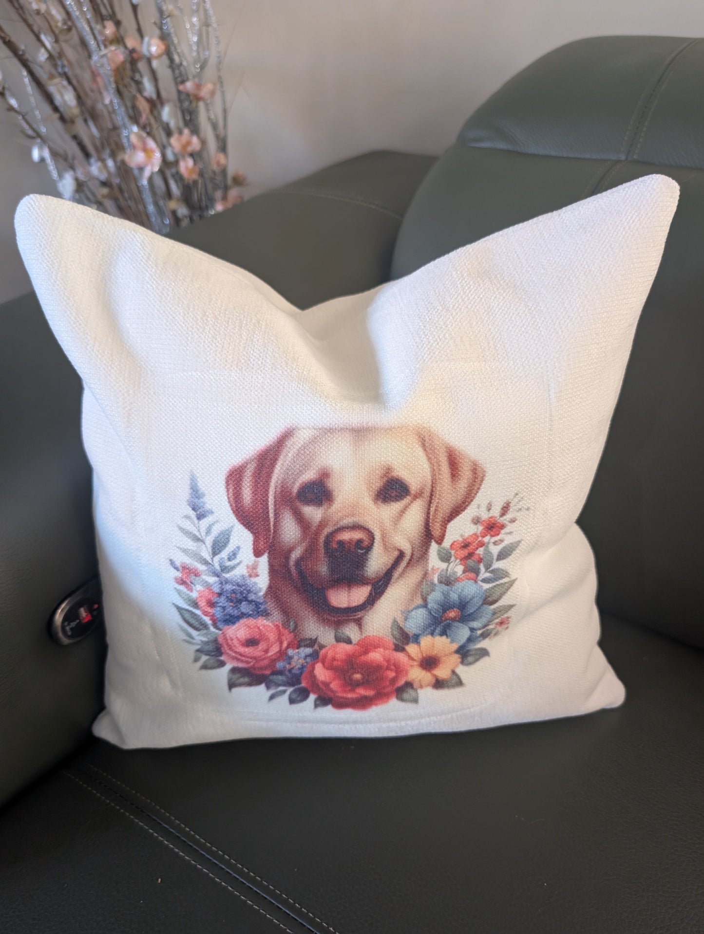 cream linen effect dog cushion with labrador retriever floral design