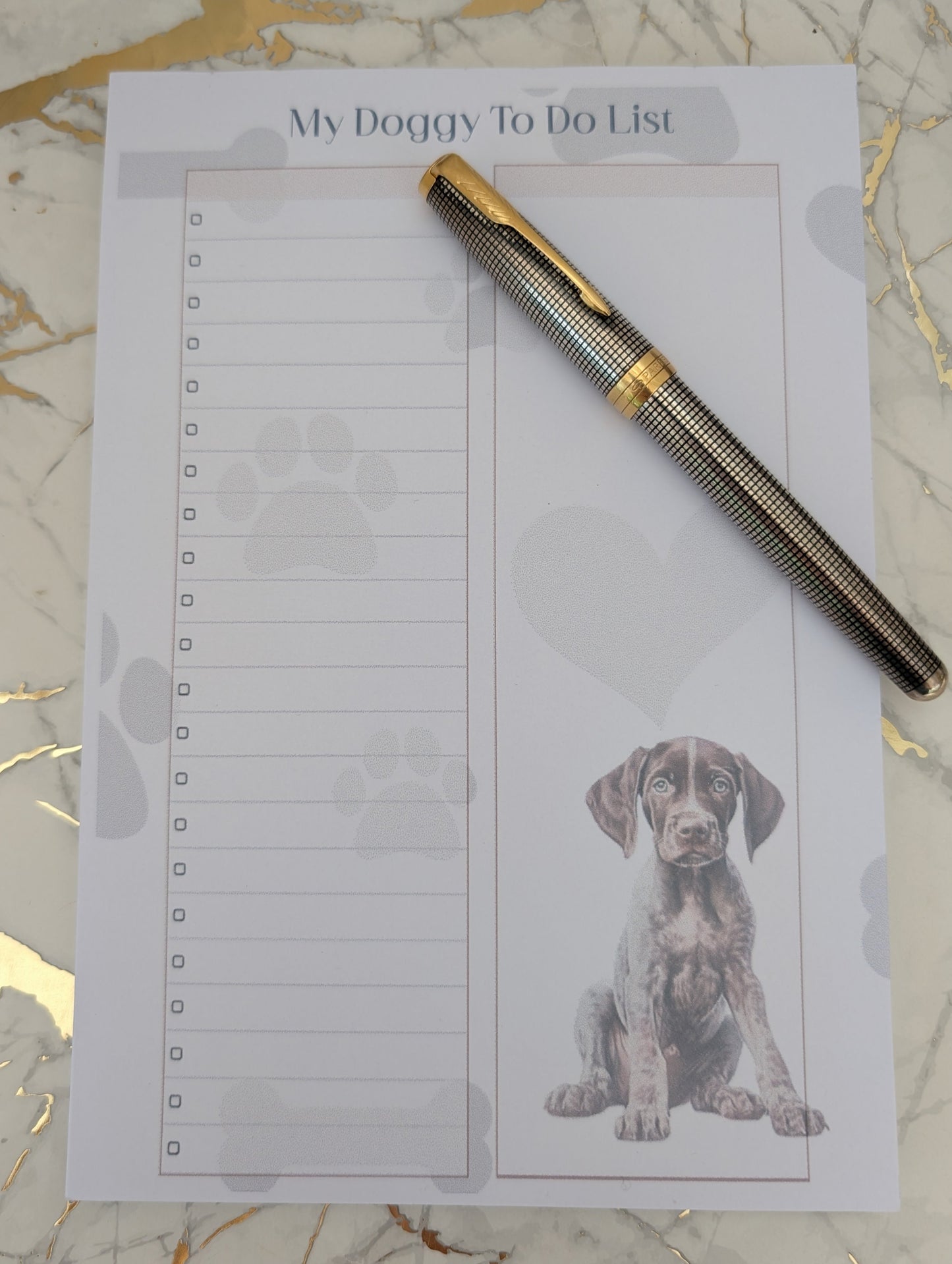 German Shorthaired Pointer tear off notepad. Two column "My Doggy To Do List" with soft grey heart, paw and bone background