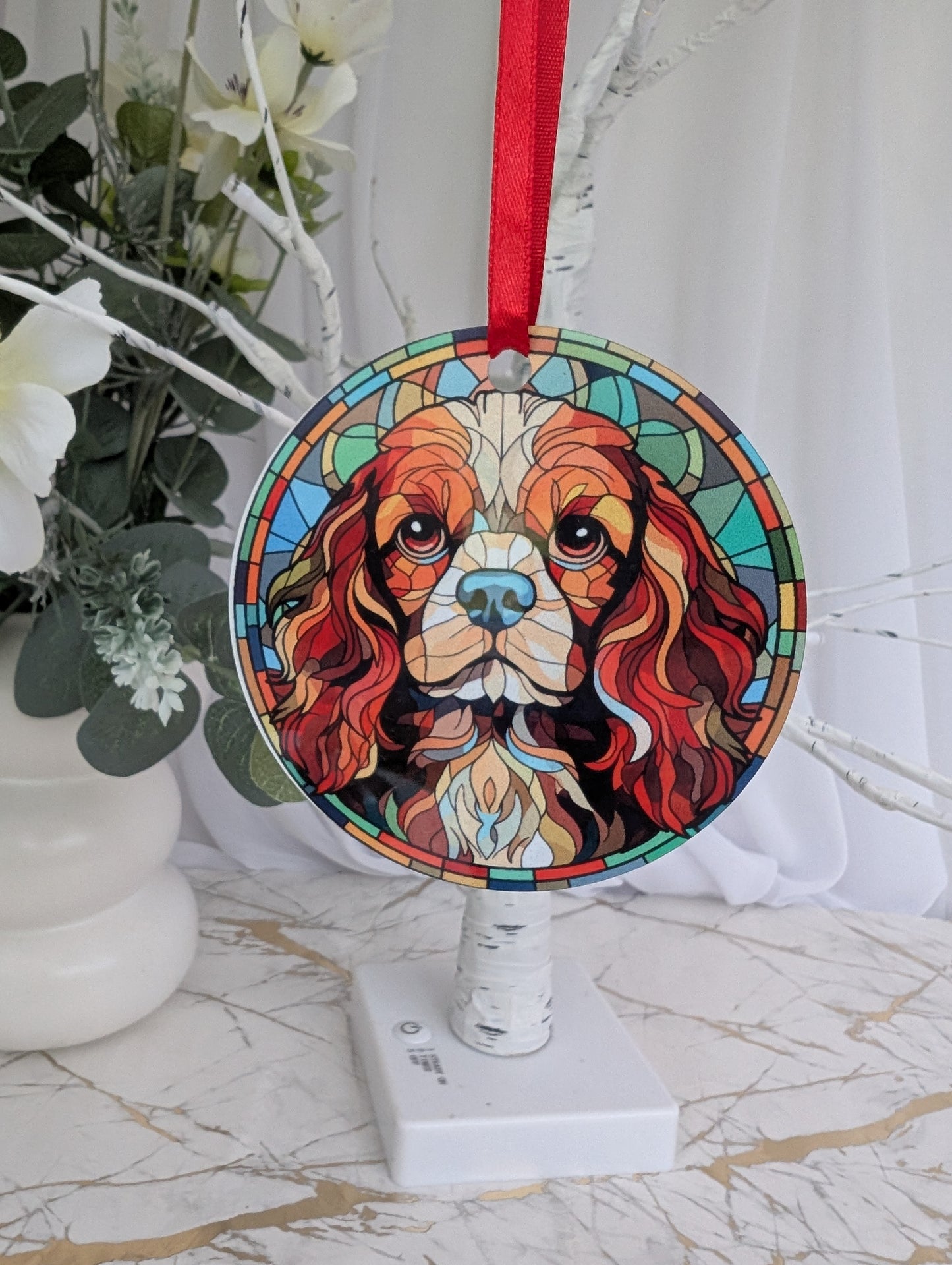 Cavalier King Charles hanging ornament featuring a stunning stained glass style design.