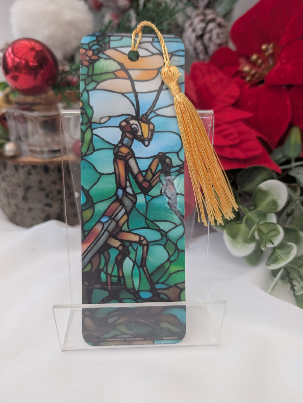 Praying Mantis stained glass bookmark. Insect lover gift