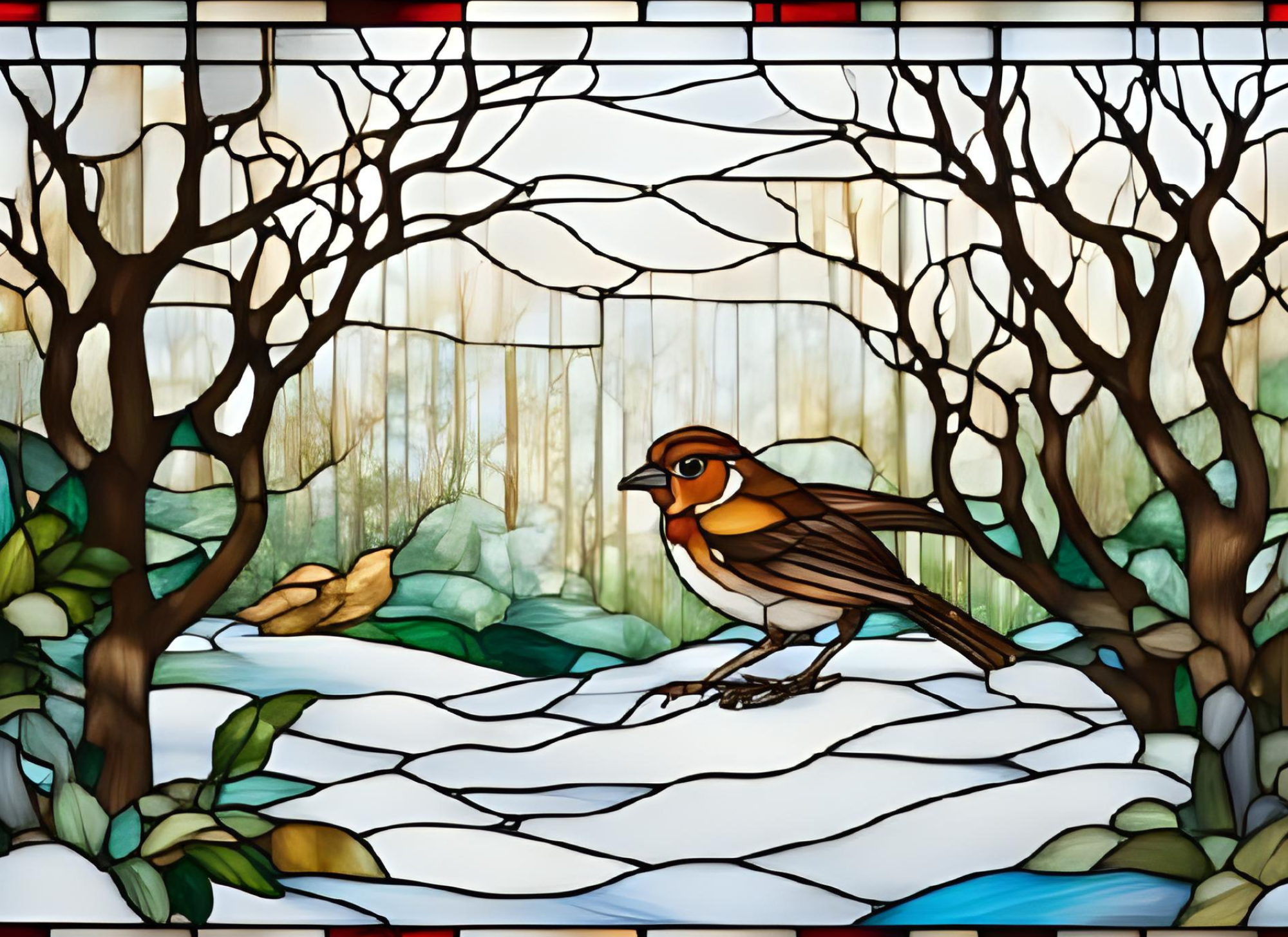 Stained glass chopping board with a robin and nature scene