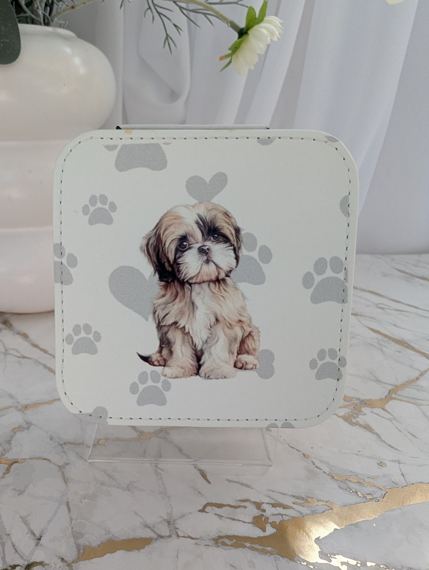 Travel Jewellery Box - Cream faux leather with cute Shih Tzu design with grey heart and pawprint background on marble surface