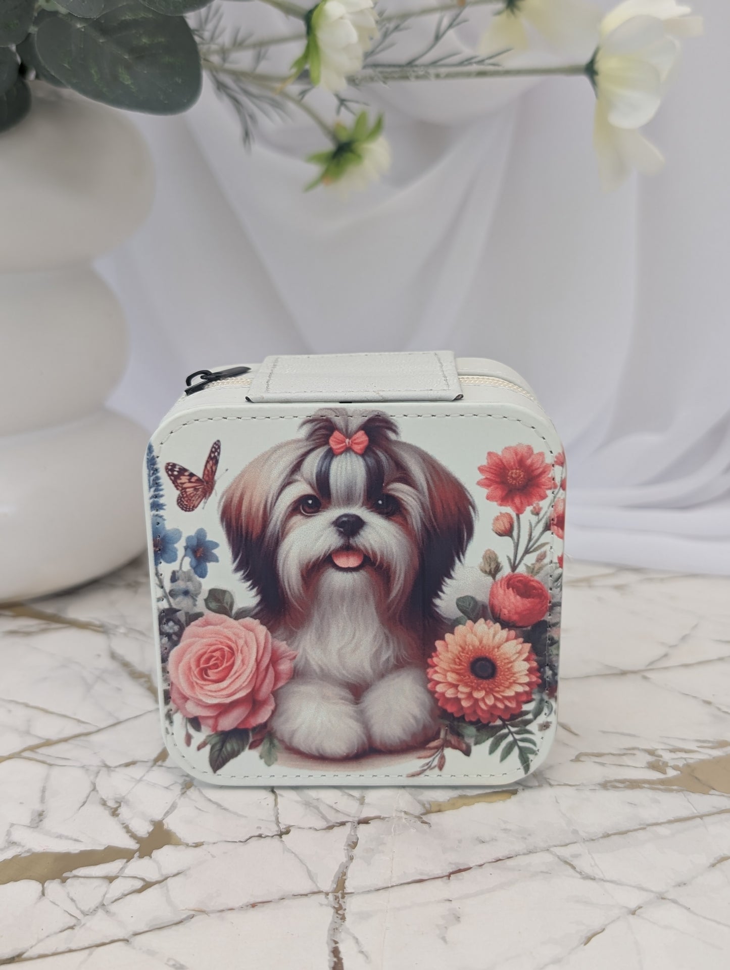 Travel Jewellery Box - cream faux leather dog jewellery box with cute schih tzu and flowers image on a marble worktop