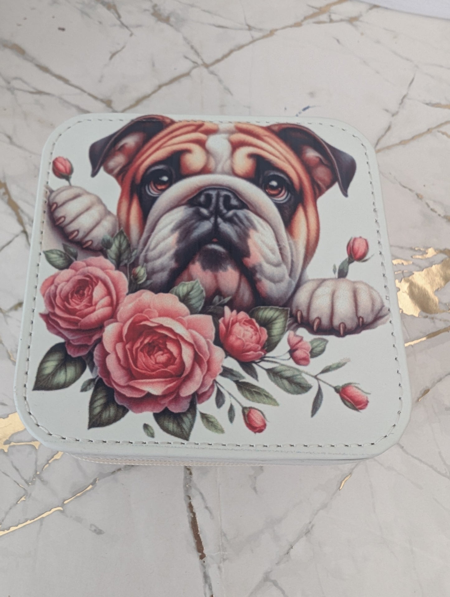 Travel Jewellery Box, bulldog and flowers on cream faux leather