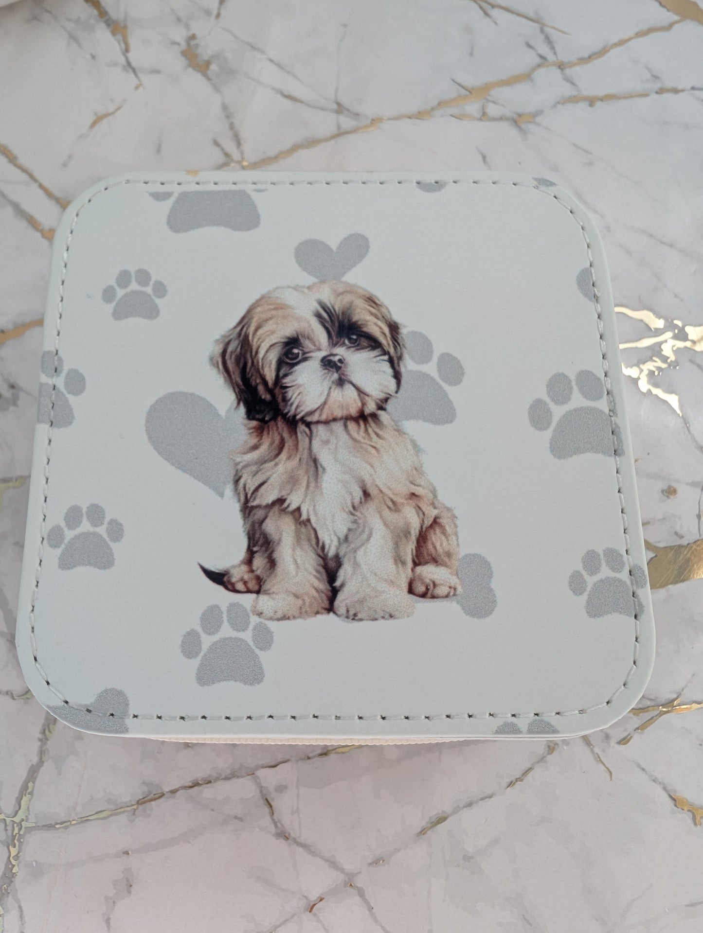 Travel Jewellery Box - Cream faux leather with cute Shih Tzu design with grey heart and pawprint background