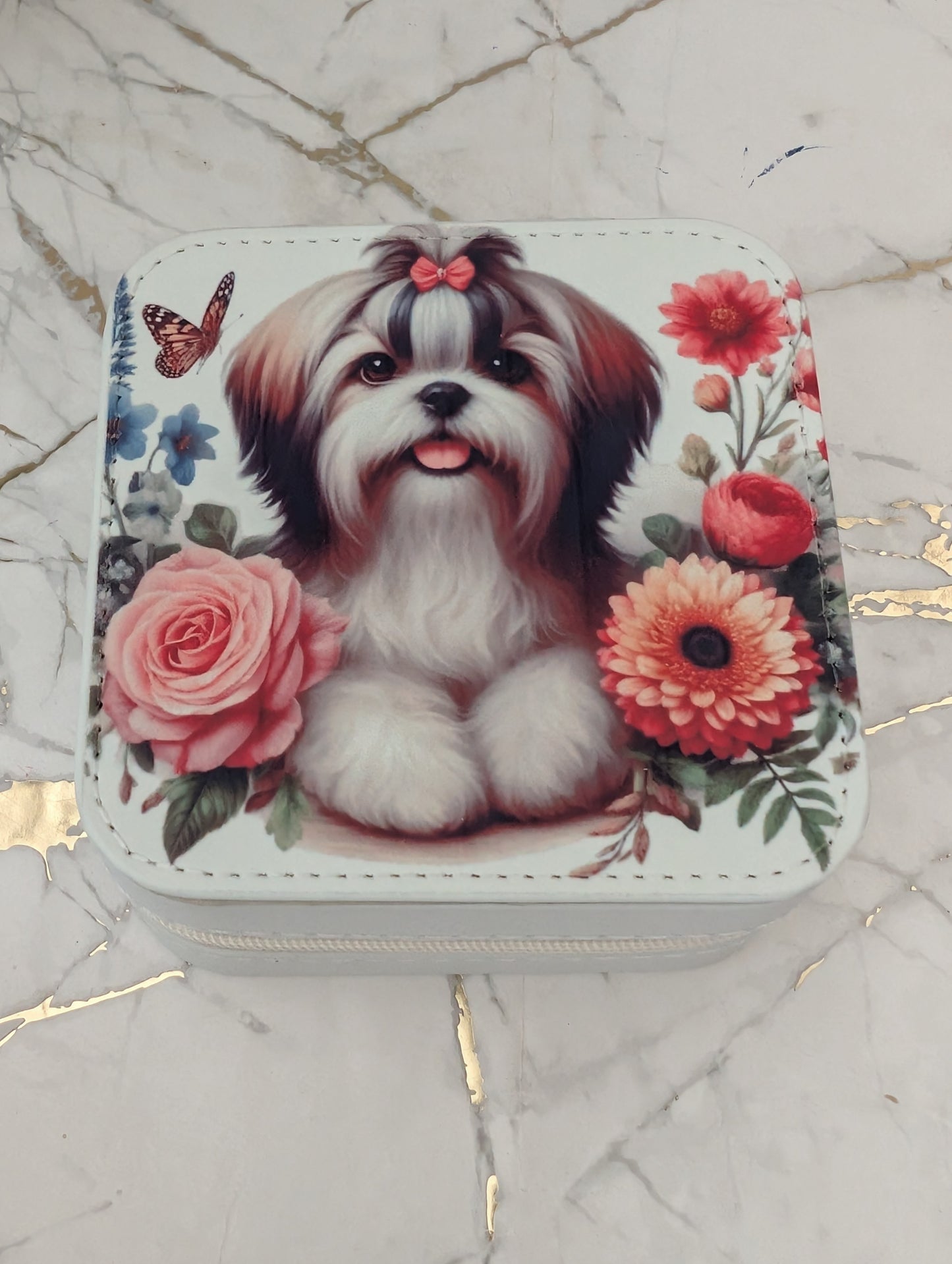 top view of Travel Jewellery Box - cream faux leather dog jewellery box with cute schih tzu and flowers image