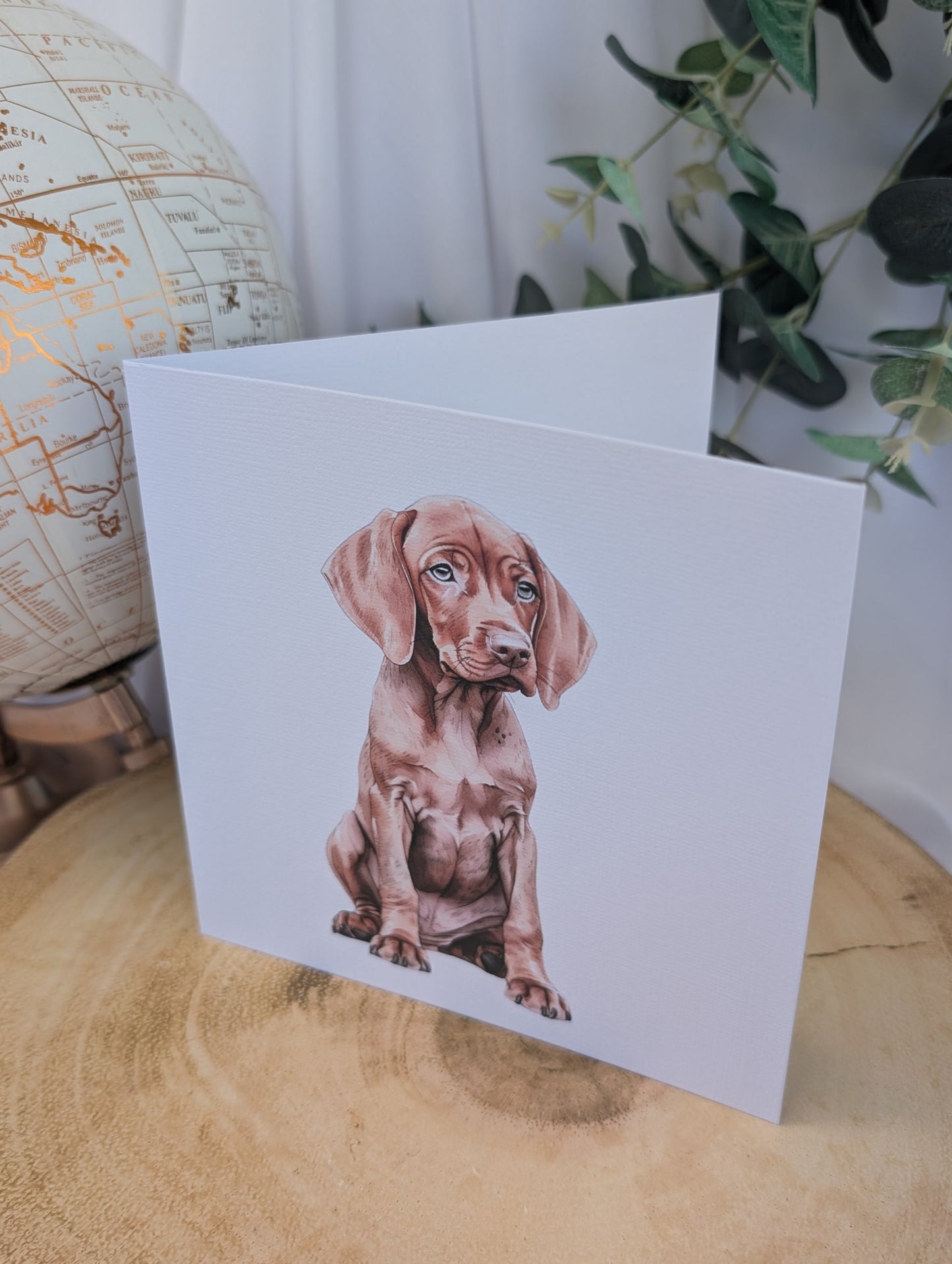 Top view of Vizsla Dog Birthday Card, white background linen effect 300gsm card, blank inside
