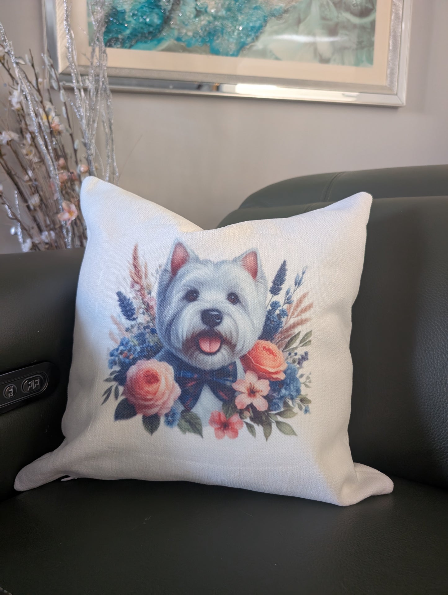 Cream linen effect western highland terrier dog cushion