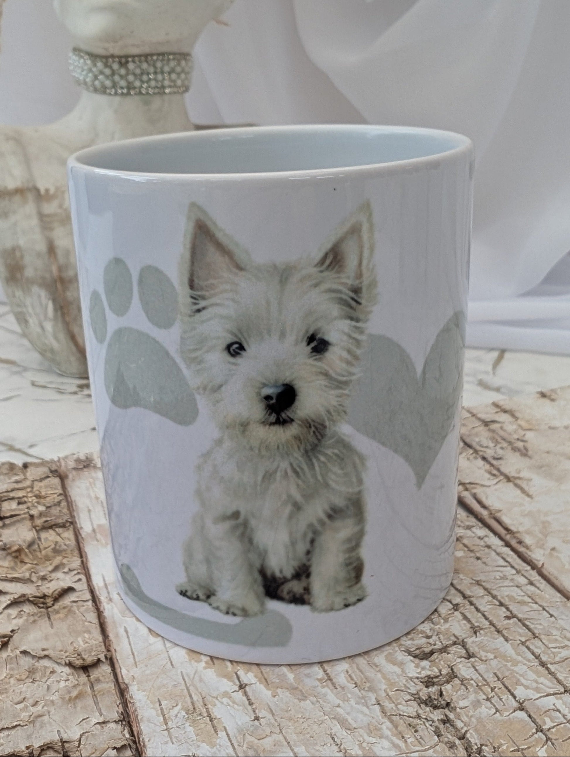 Ceramic Western Highland Terrier Mug with grey heart, paws and bone background