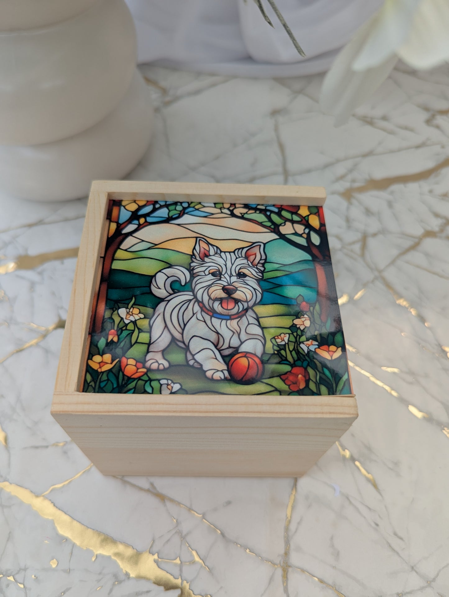 Top view of Western Highland Terrier wooden trinket box with stained glass effect Westie on sliding MDF lid, measuring 10 by 10 by 10 cm