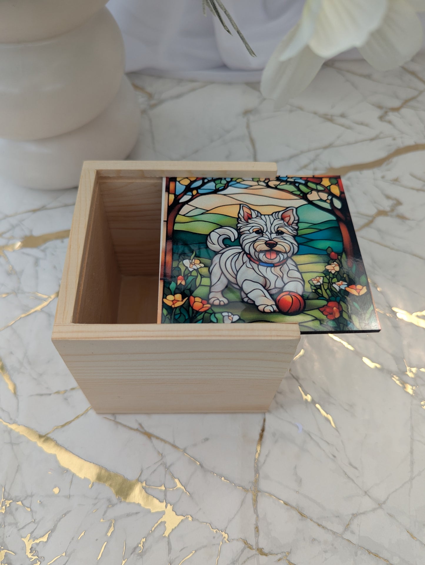 Top View of Western Highland Terrier wooden trinket box with stained glass effect Westie on sliding MDF lid, shown open, measuring 10 by 10 by 10 cm