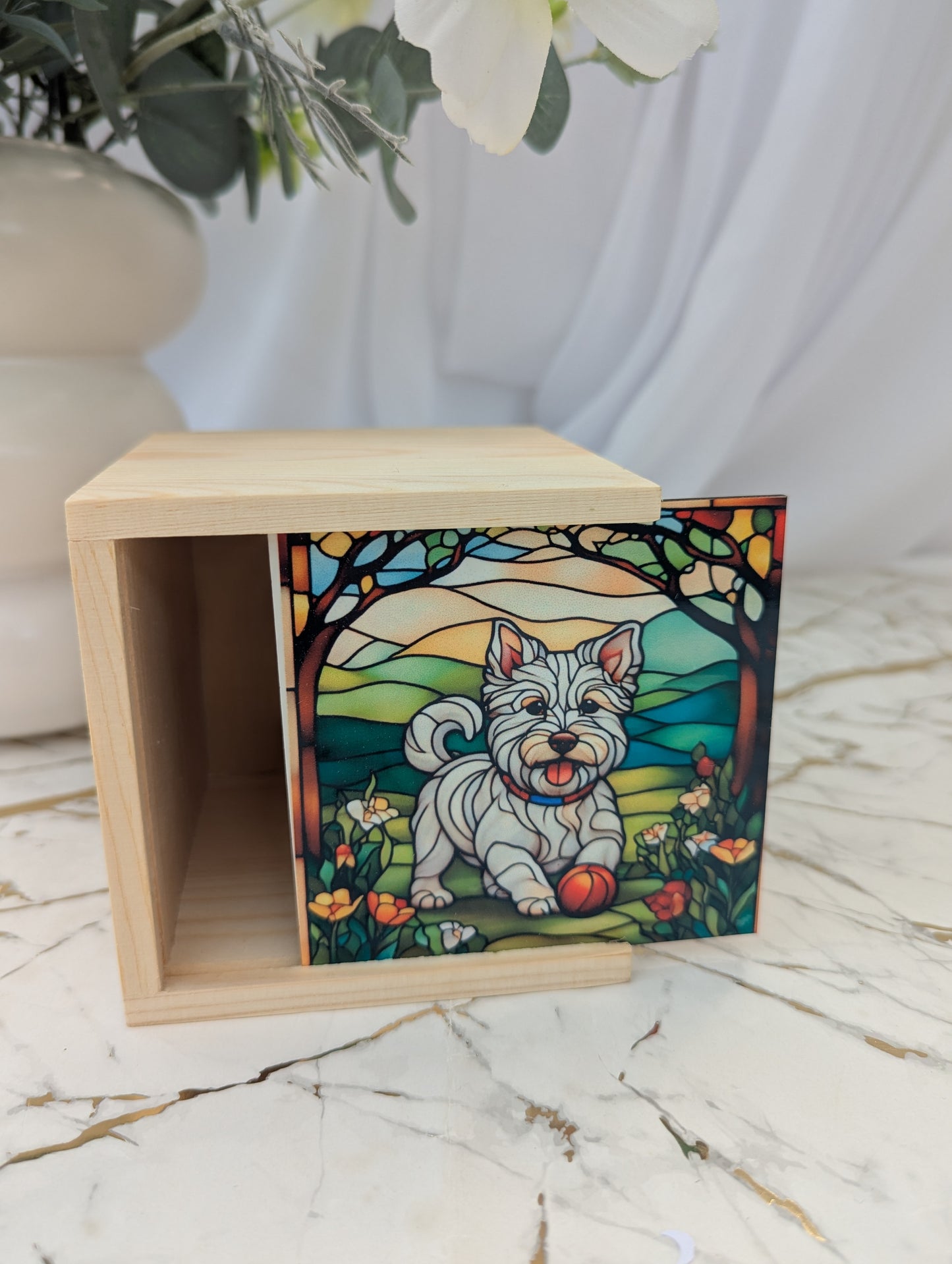 Wooden Western Highland Terrier trinket box with stained glass effect Westie on sliding MDF lid, shown open, measuring 10 by 10 by 10 cm