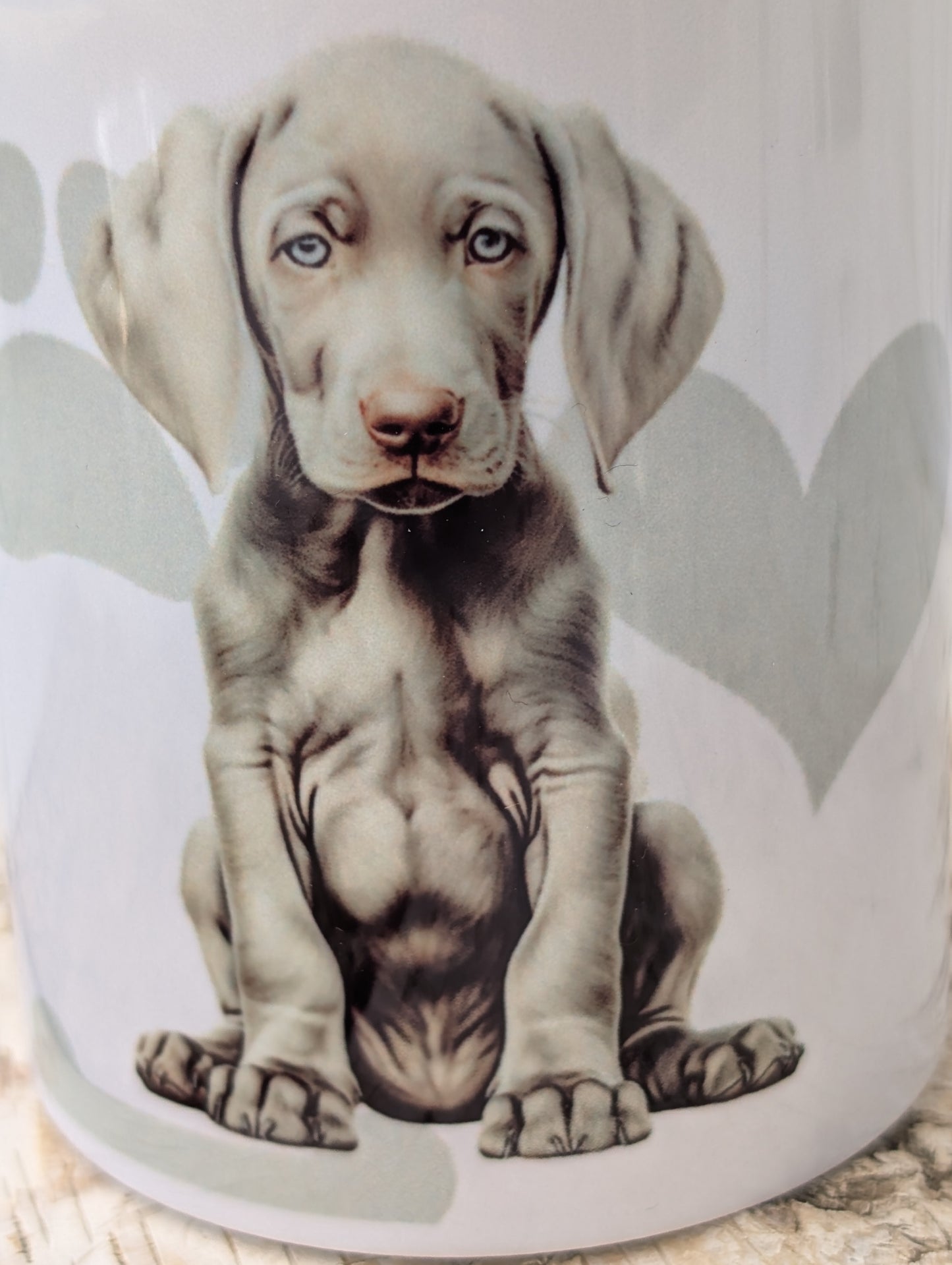 close up of White Ceramic Weimaraner Dog Puppy mug with background of soft grey hear, paw and bone print