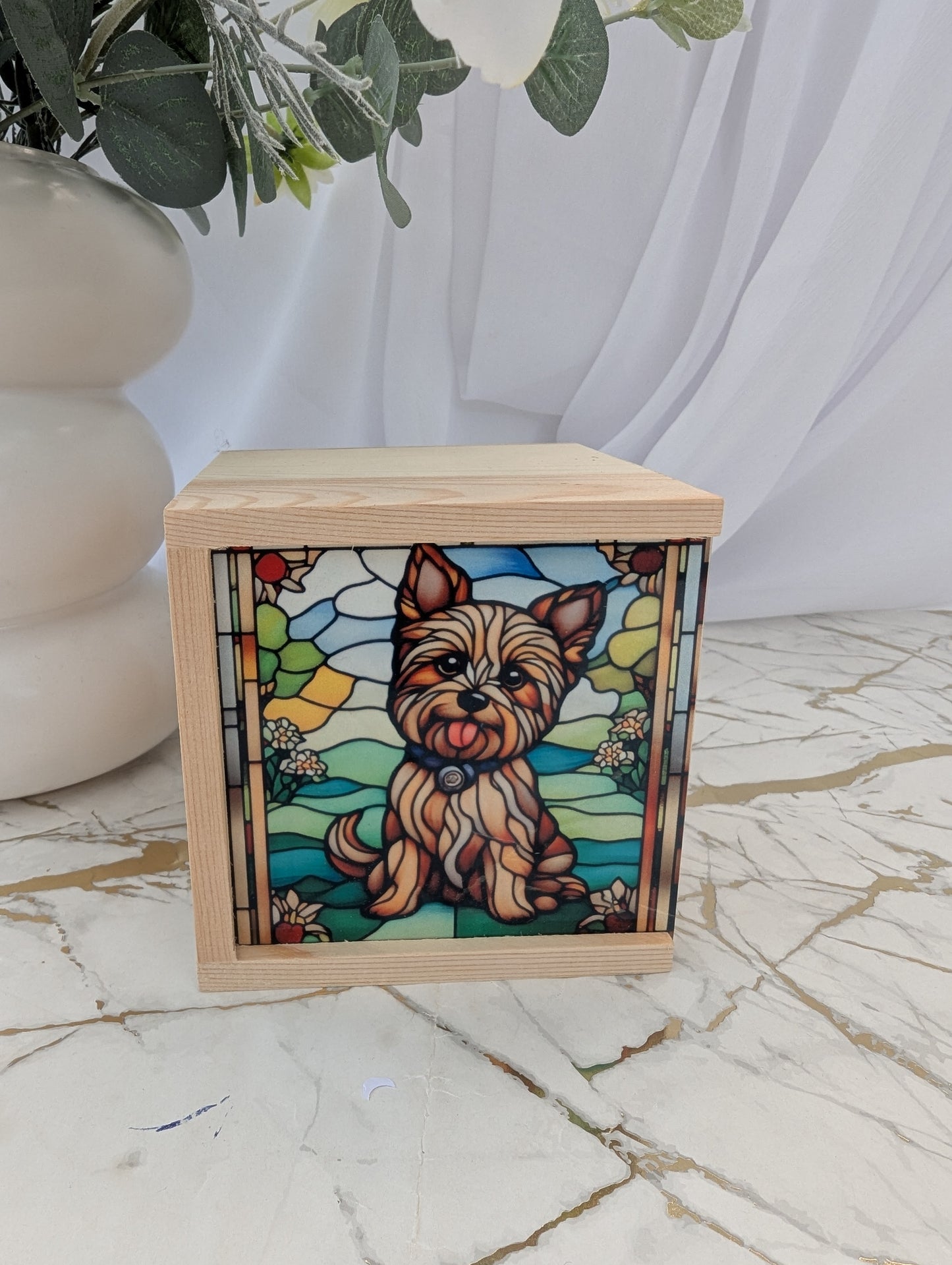 Yorkie wooden trinket box with stained glass effect lid, MDF sliding top, measuring 10 by 10 by 10 cm, perfect Yorkshire Terrier gift