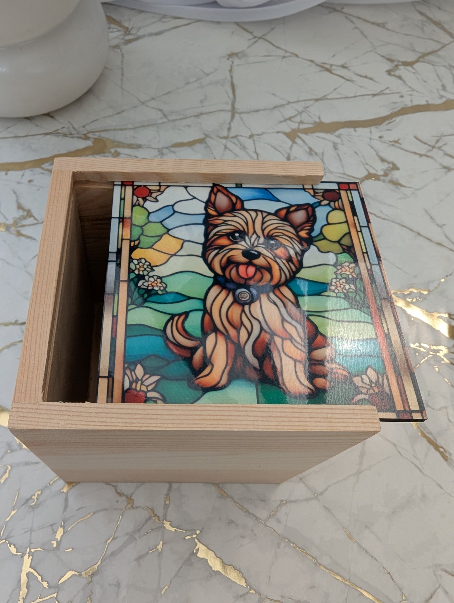 Top view of Yorkie wooden trinket box with stained glass effect lid, MDF sliding top, measuring 10 by 10 by 10 cm, perfect Yorkshire Terrier gift