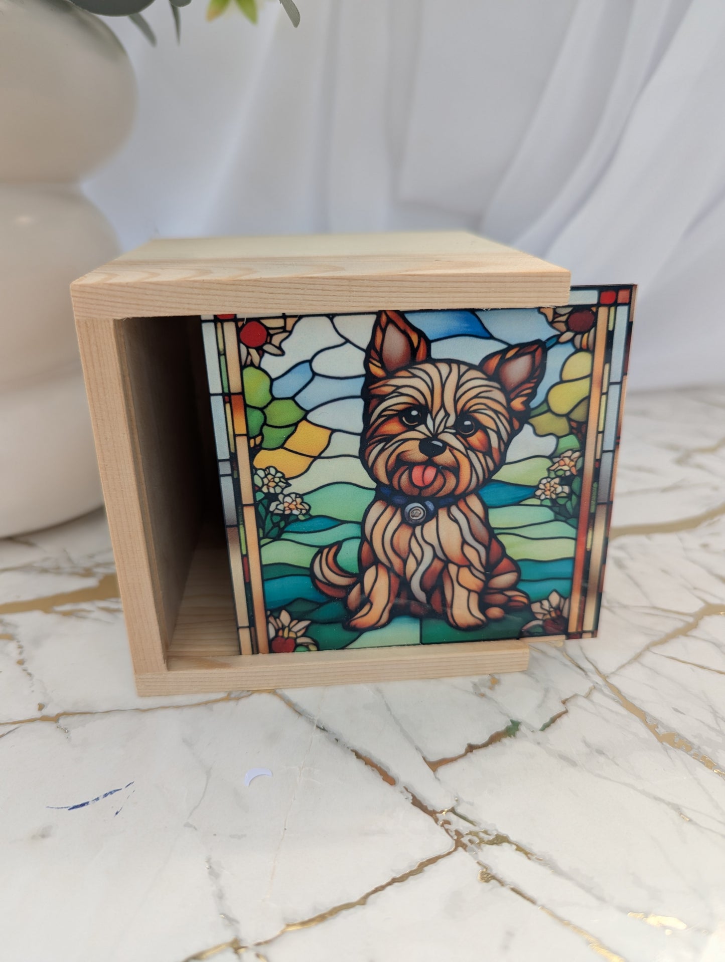 Yorkie wooden trinket box with stained glass effect lid, MDF sliding top - shown open, measuring 10 by 10 by 10 cm, perfect Yorkshire Terrier gift
