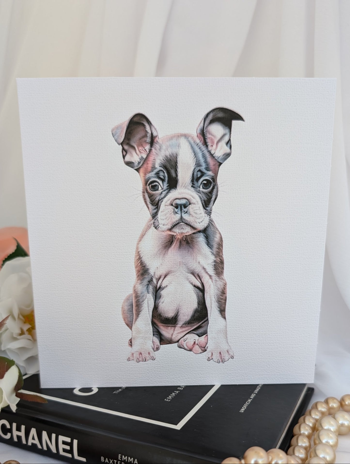 Watercolour style Boston Terrier image printed on 300gsm quality linen effect card - 6 x 6inch square