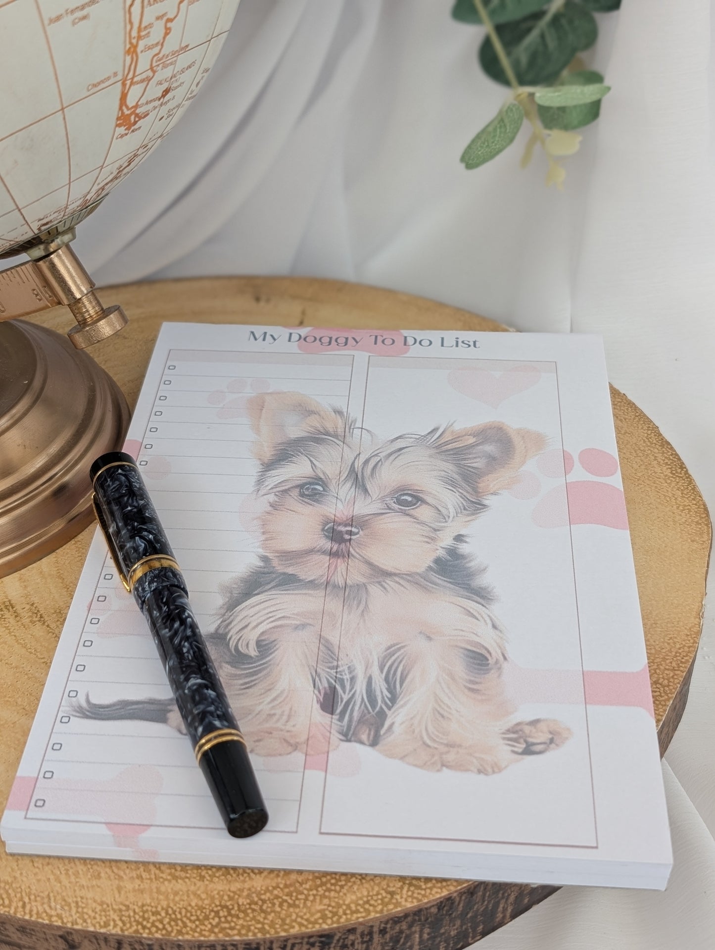 My Doggy To Do List - Dog notepad with Yorkshire Terrier design, pink hearts, paw prints and bones on white paper