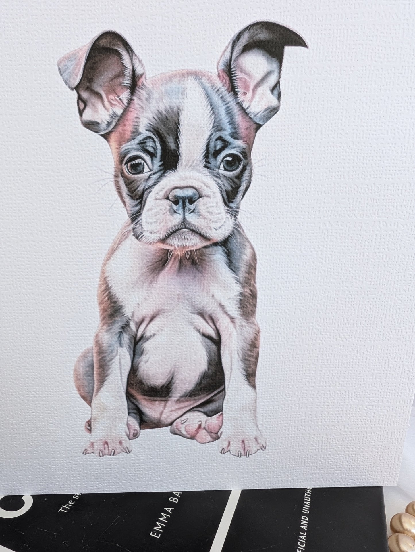 Close up view of Boston Terrier image printed on 6x6inch 300gsm white linen effect card